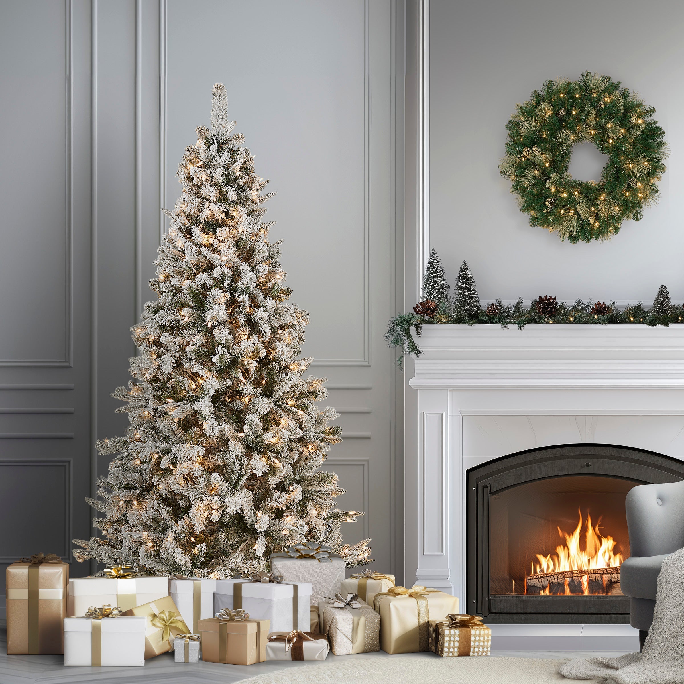 6.5 ft. Pre-Lit Snowy Mixed Pine Tree with Clear Lights · National