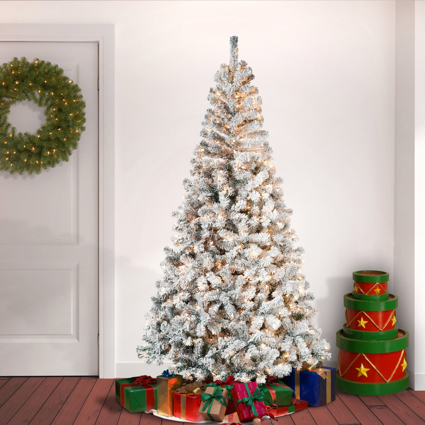 7.5 ft. Pre-Lit Acacia Flocked Tree with Clear Lights