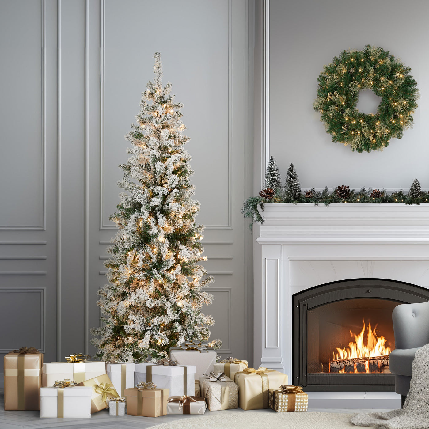 6 ft. Pre-Lit Acacia Medium Flocked Tree with Clear Lights