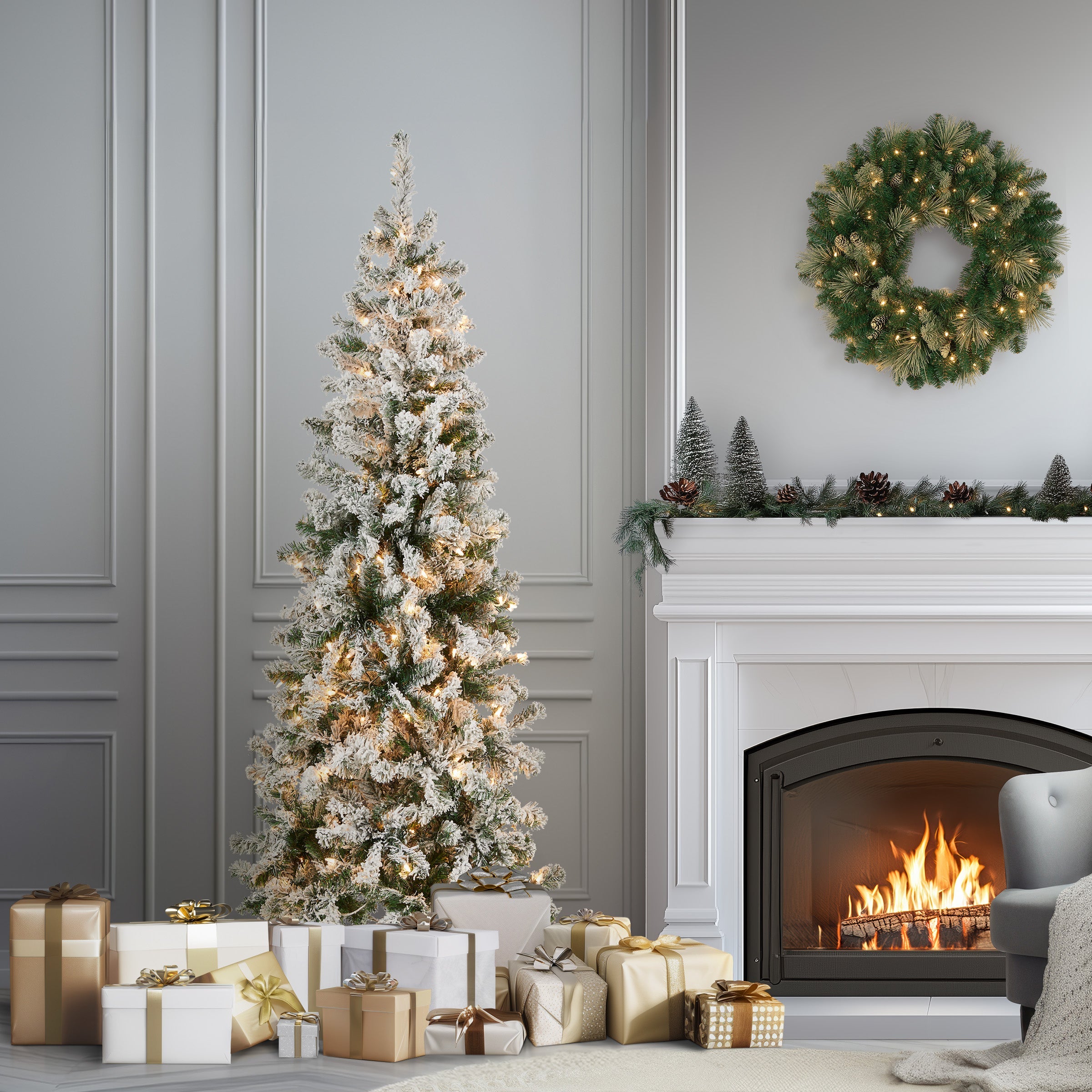 6 ft. Pre-Lit Acacia Medium Flocked Tree with Clear Lights