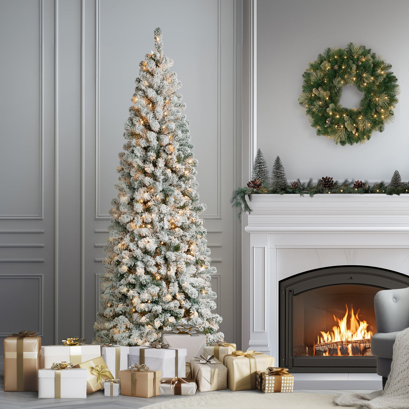 7.5 ft. Pre-Lit Acacia Medium Flocked Tree with Clear Lights