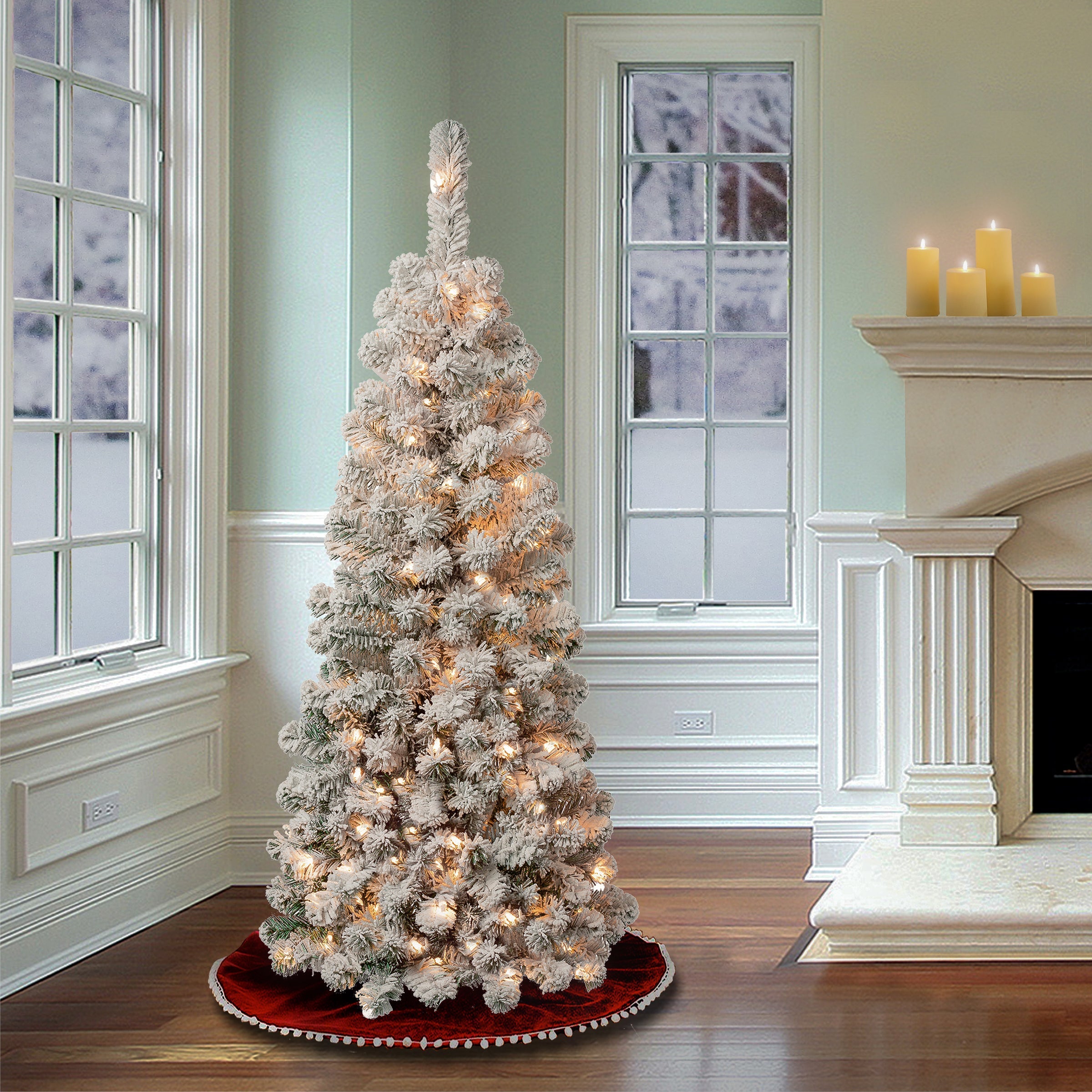 4.5 ft. Pre-Lit Acacia Pencil Slim Flocked Tree with Clear Lights