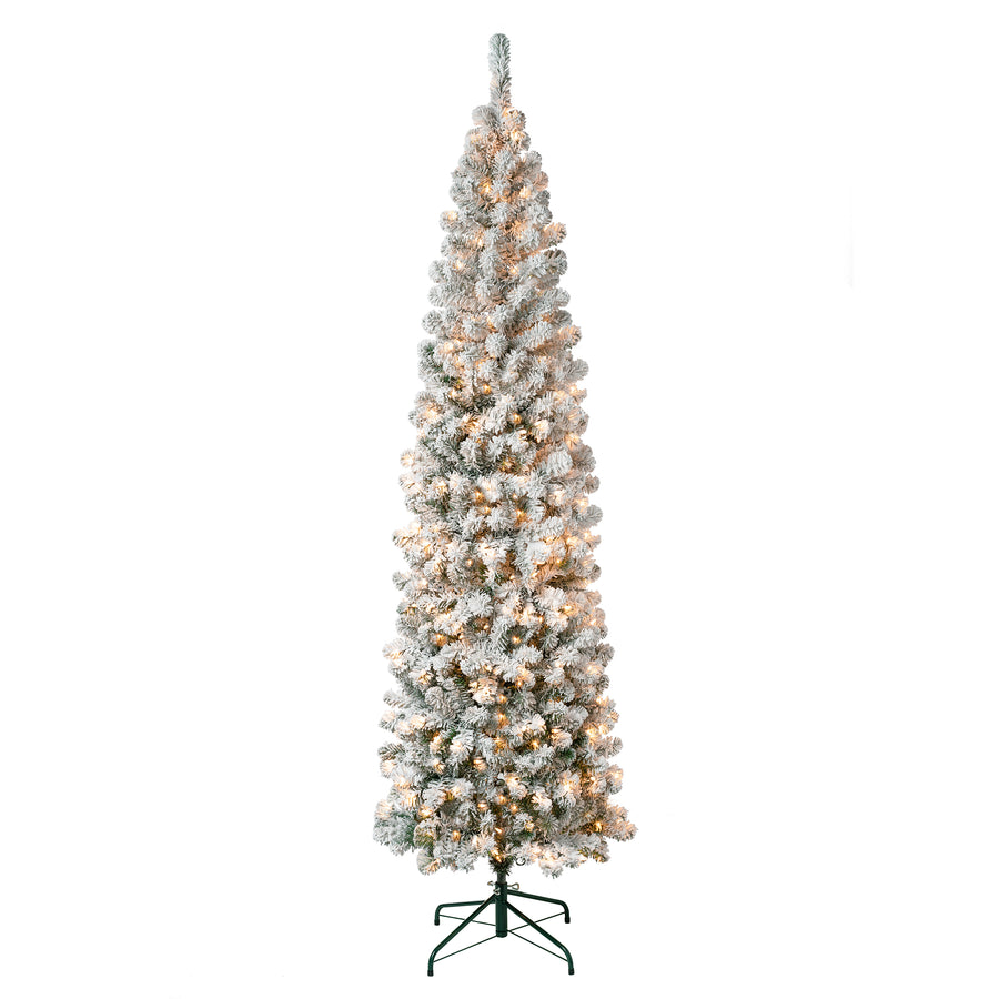 7.5 ft. Pre-Lit Acacia Pencil Slim Flocked Tree with Clear Lights