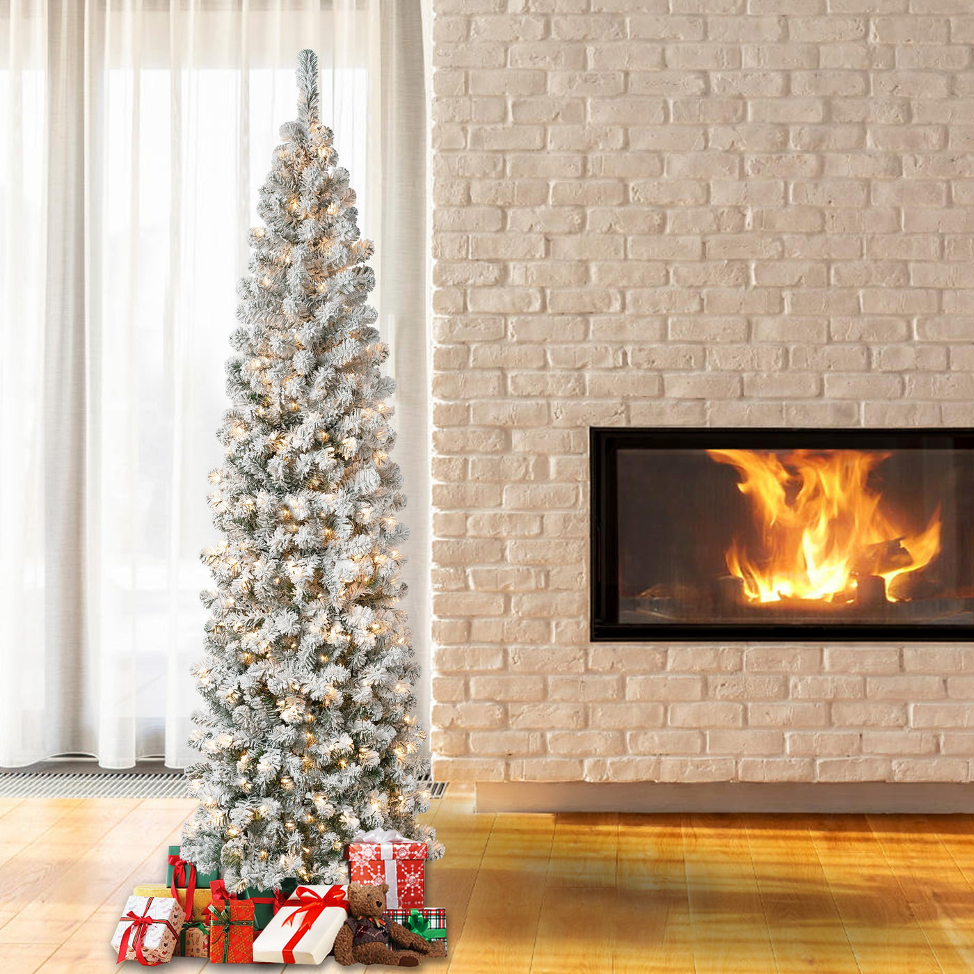 7.5 ft. Pre-Lit Acacia Pencil Slim Flocked Tree with Clear Lights