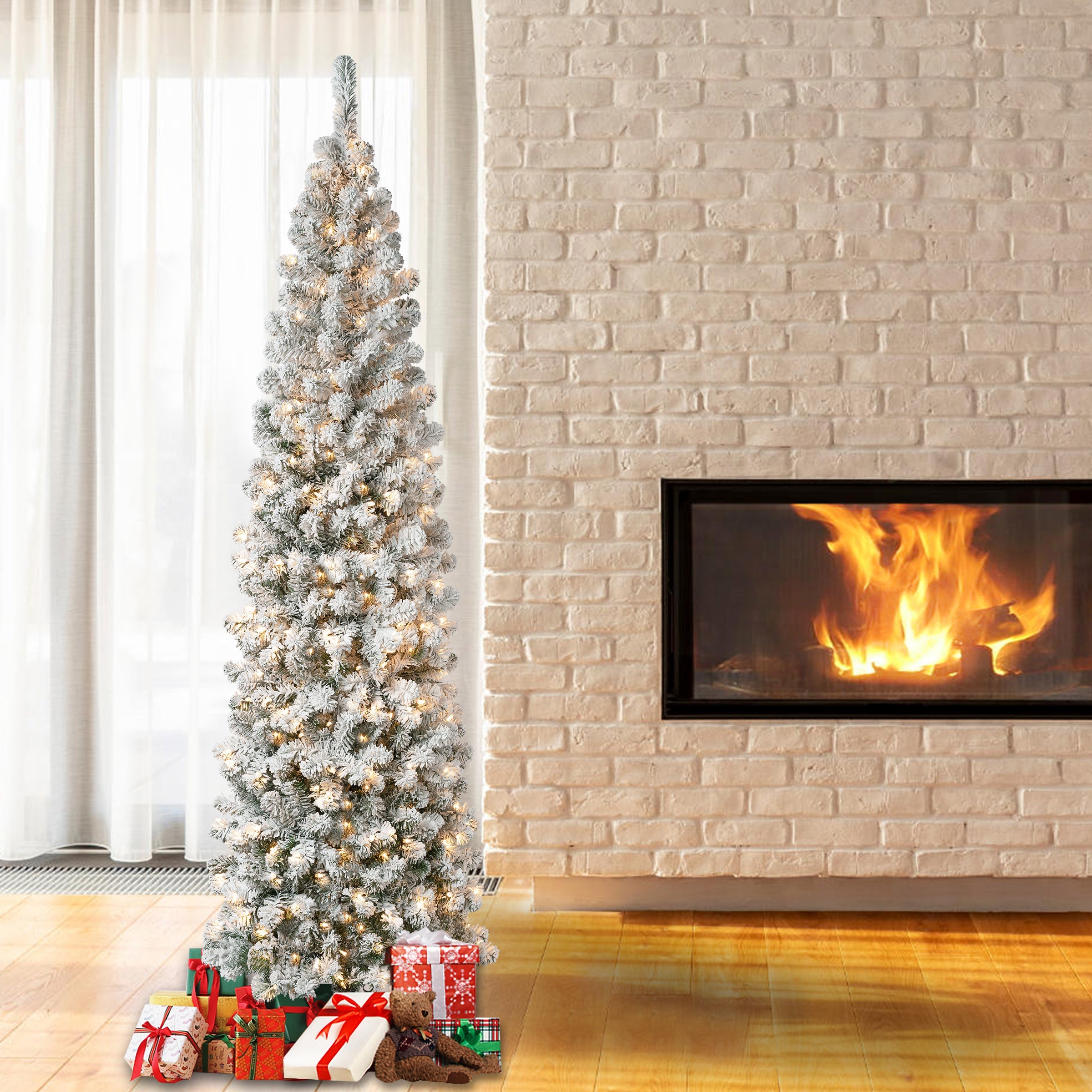 7.5 ft. Pre-Lit Acacia Pencil Slim Flocked Tree with Clear Lights