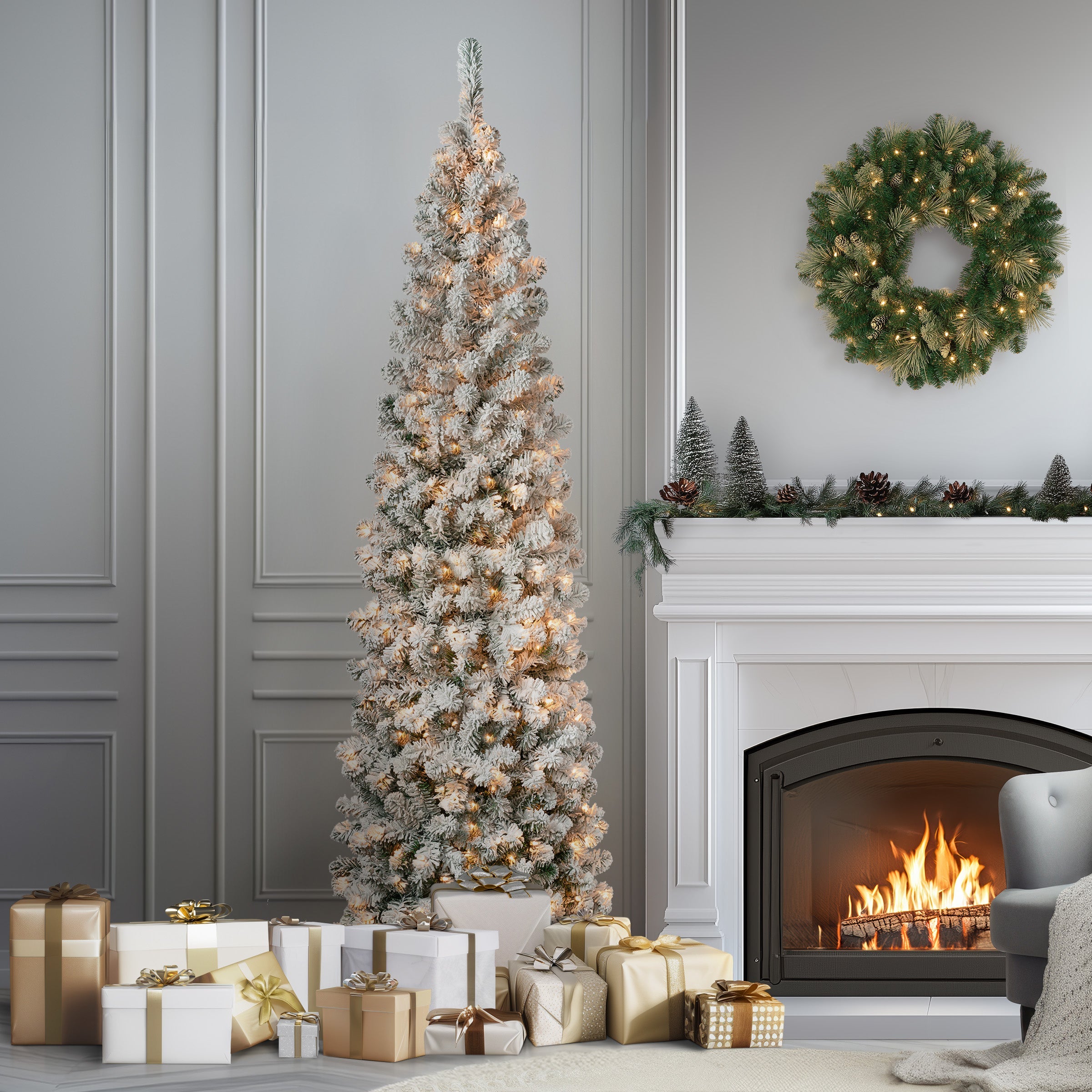 7.5 ft. Pre-Lit Acacia Pencil Slim Flocked Tree with Clear Lights