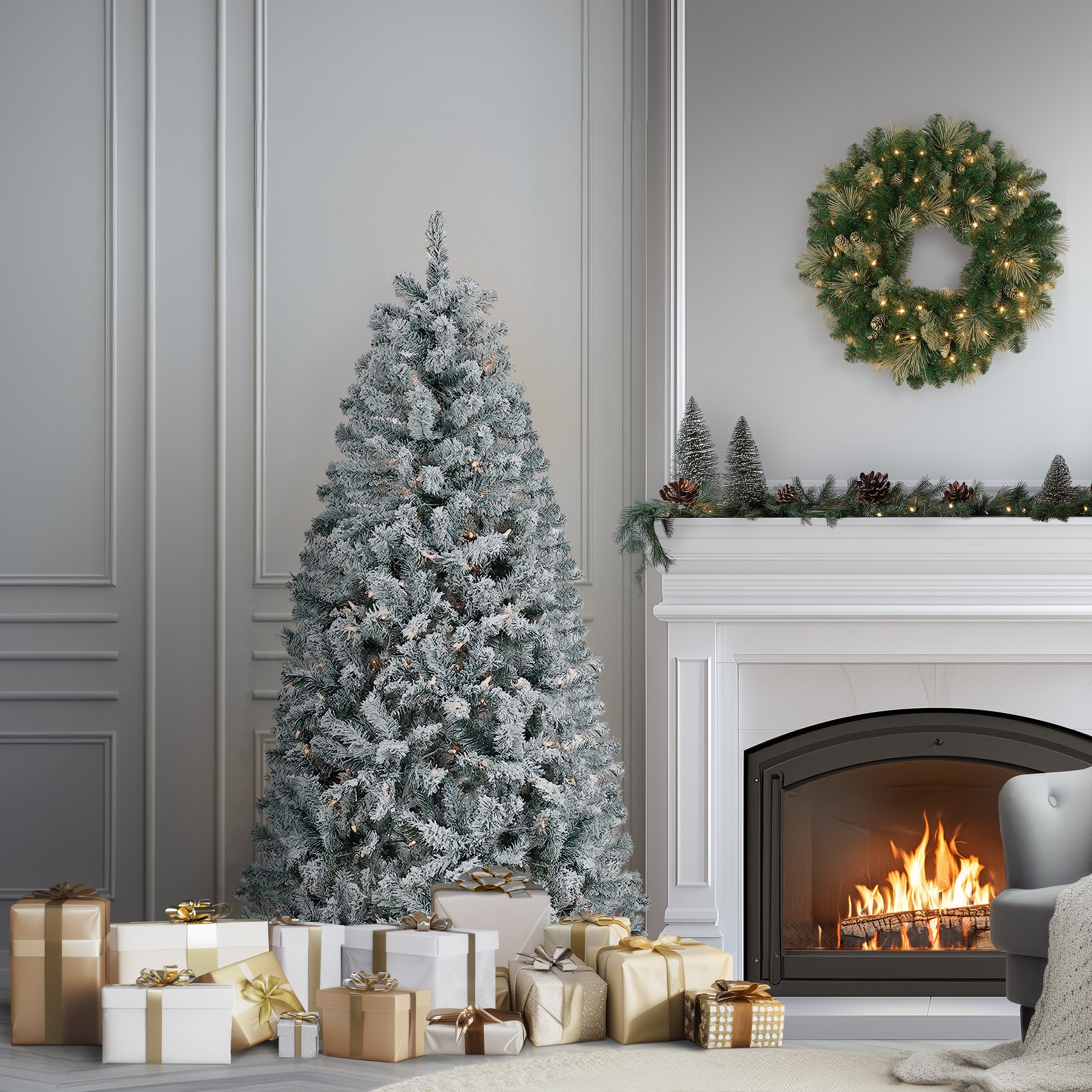 6 ft. Pre-Lit Acacia Flocked Tree with Clear Lights