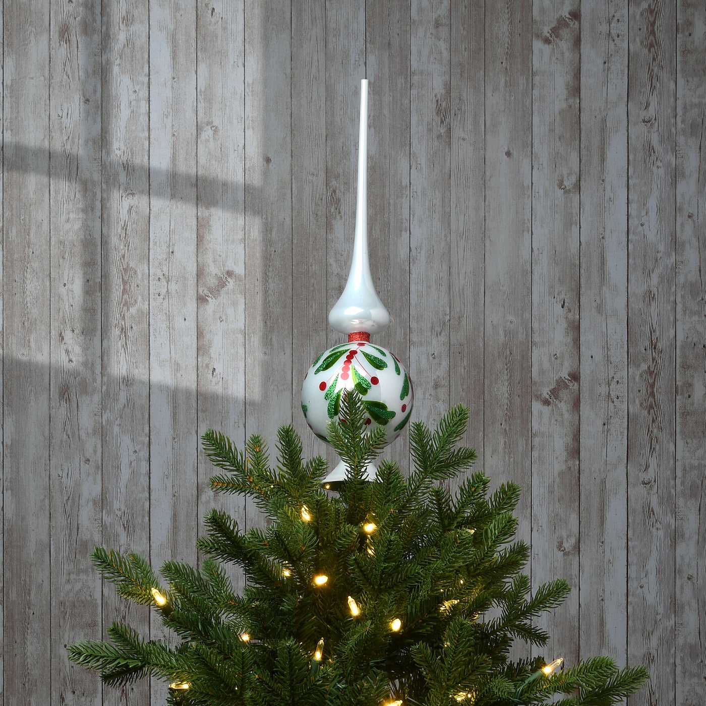 15 in. Holly Leaves Glass Christmas Tree Topper