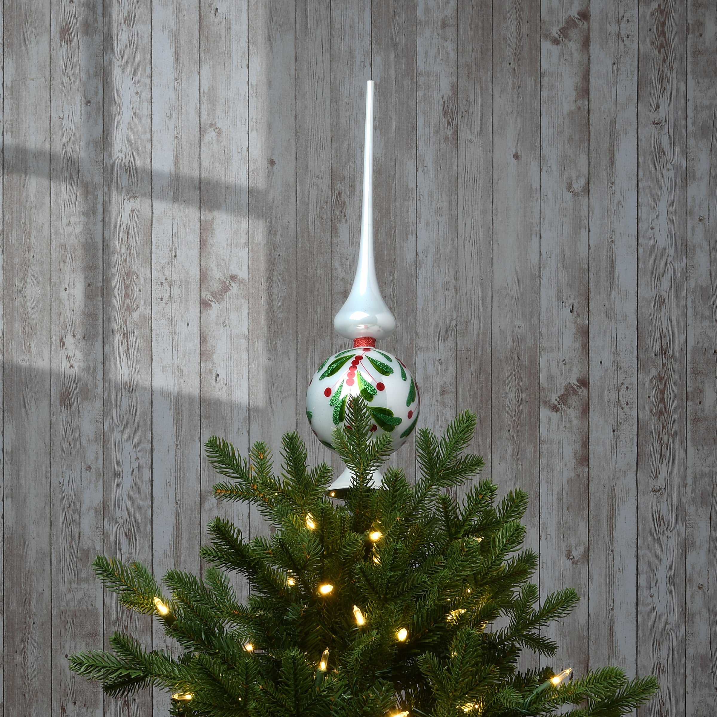 15 in. Holly Leaves Glass Christmas Tree Topper