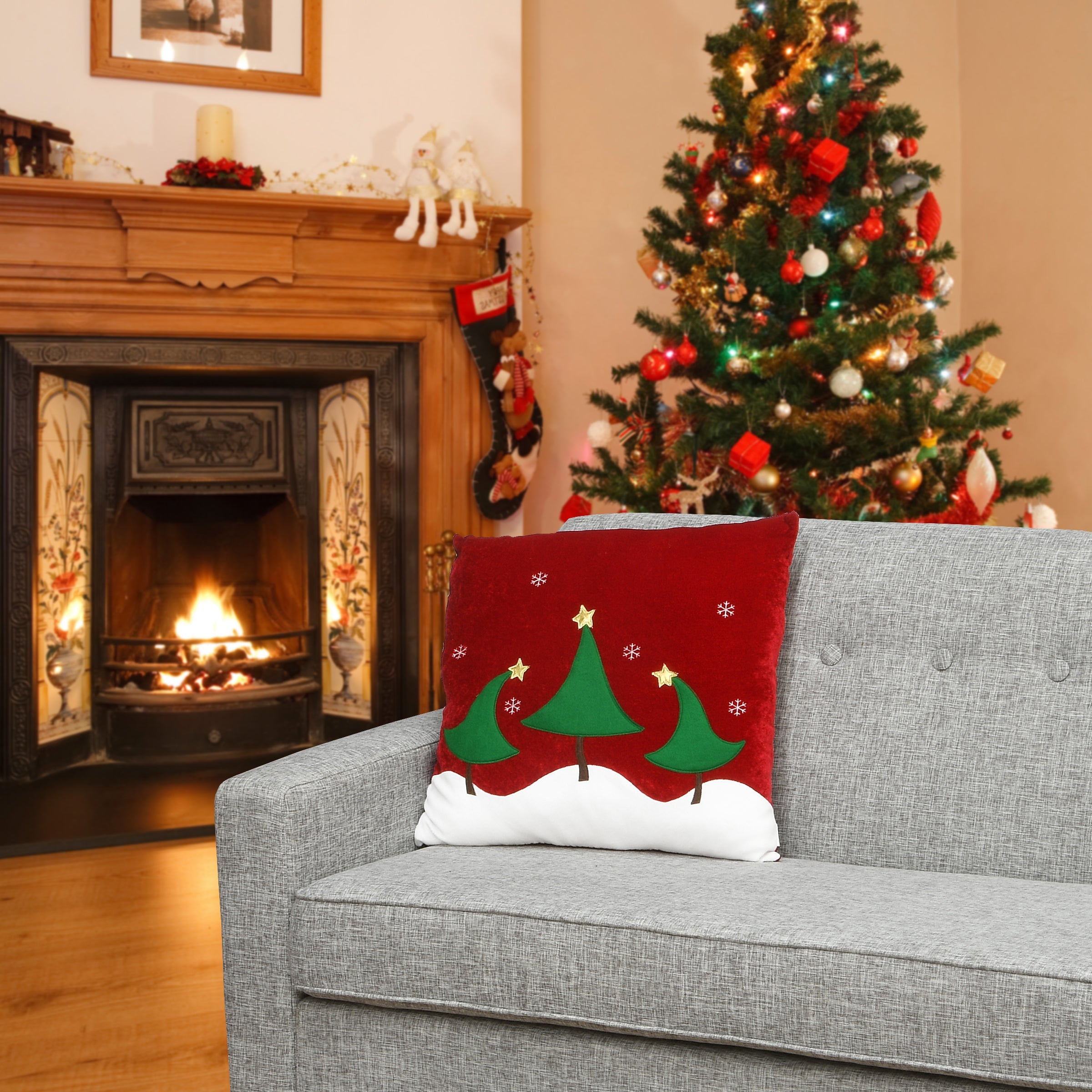 20 in. General Store Collection Red Pillow with Christmas Trees
