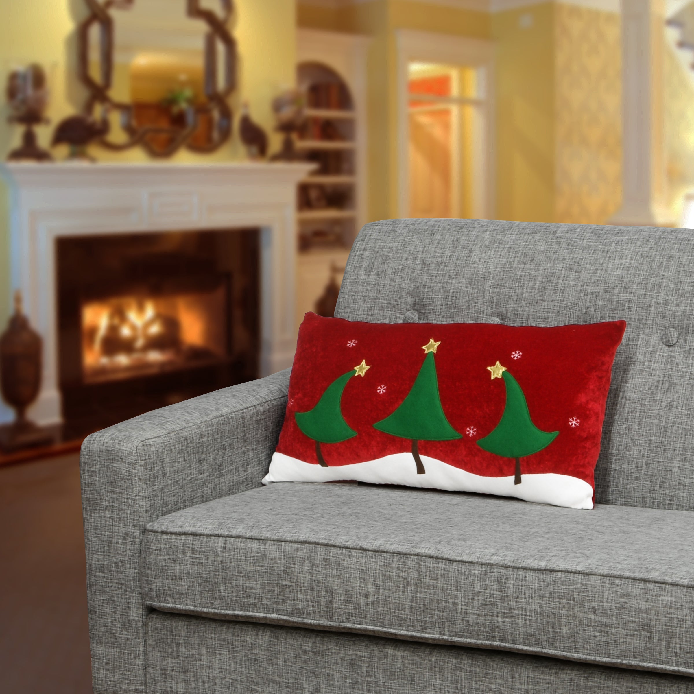 13 in. by 23 in. General Store Collection Red Lumbar Pillow with Christmas Trees