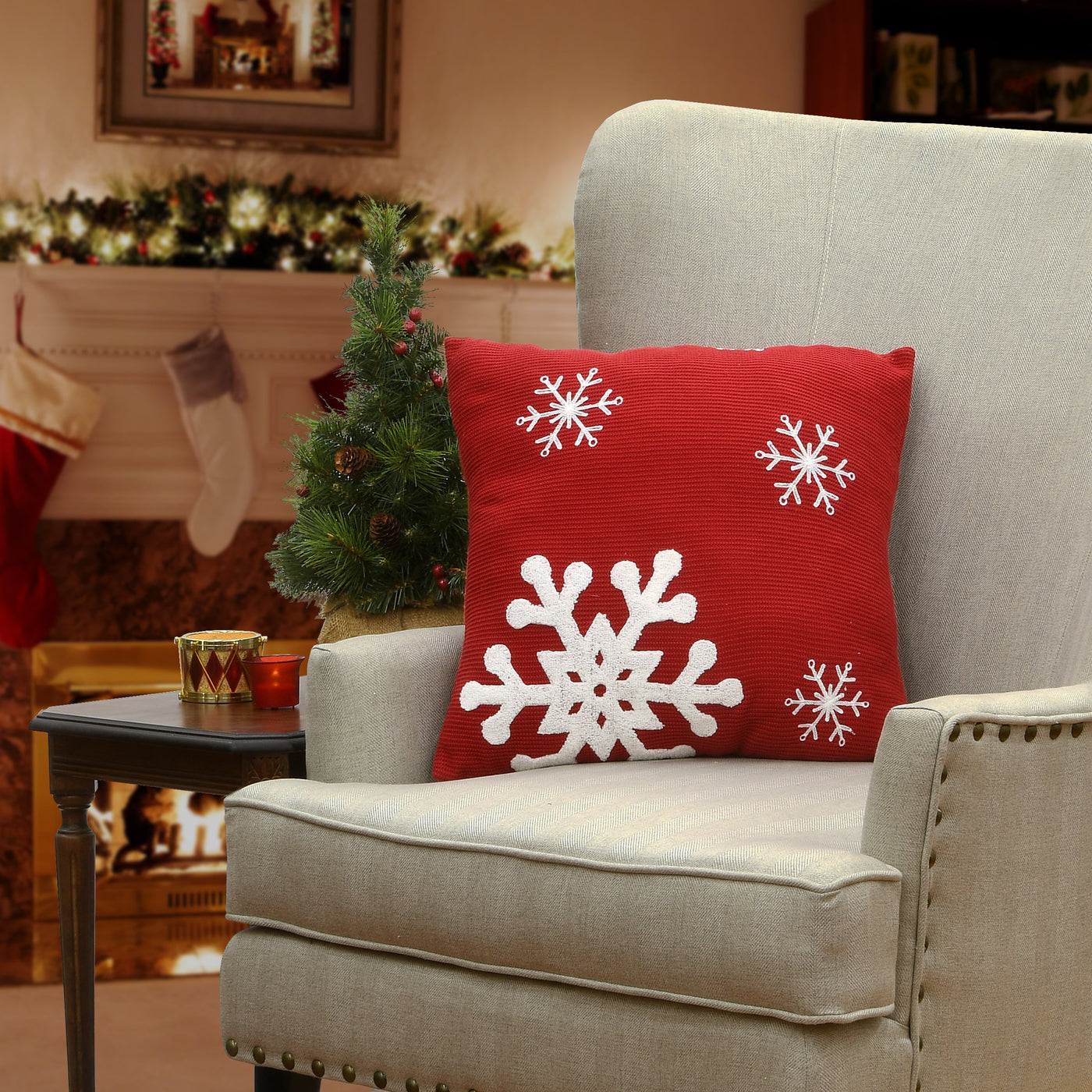 18 in. General Store Collection Red Pillow with Snowflakes