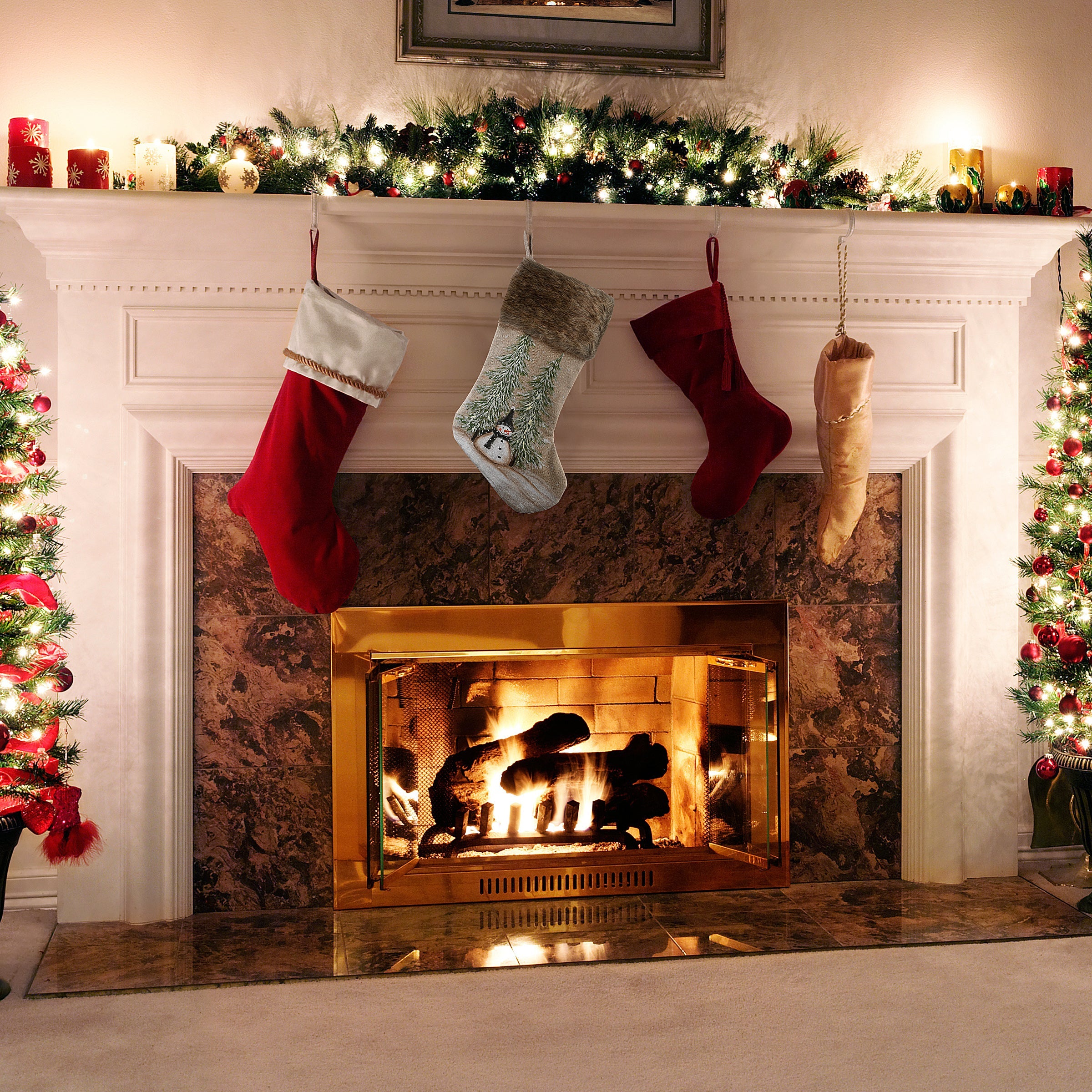 21 in. Alpine Collection Evergreens and Snowman Stocking
