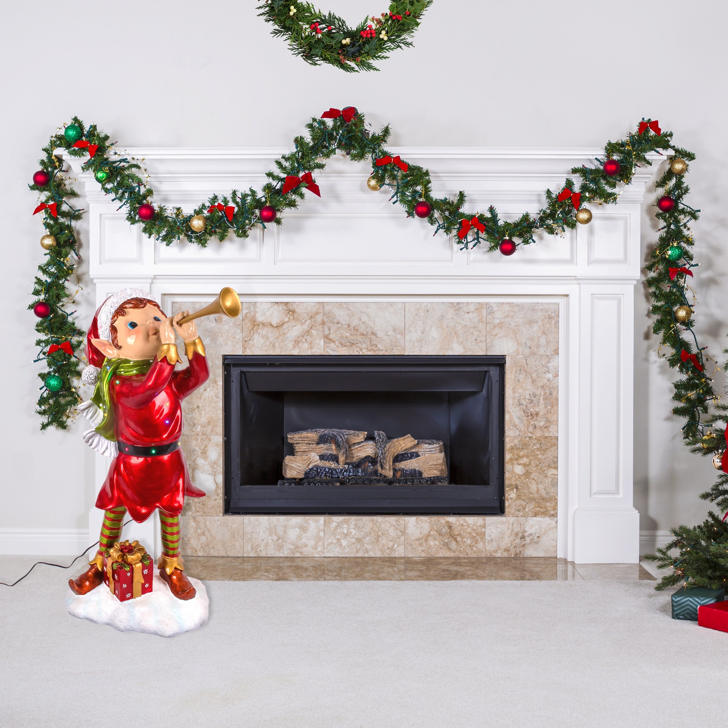 37 in. Horn Blowing Pixie Elf with Multicolor Lights