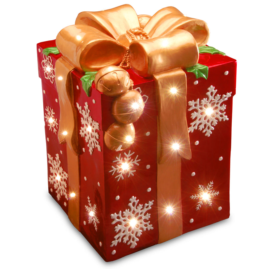 Pre-Lit 21" LED Red Gift Box with Gold Bow Decor