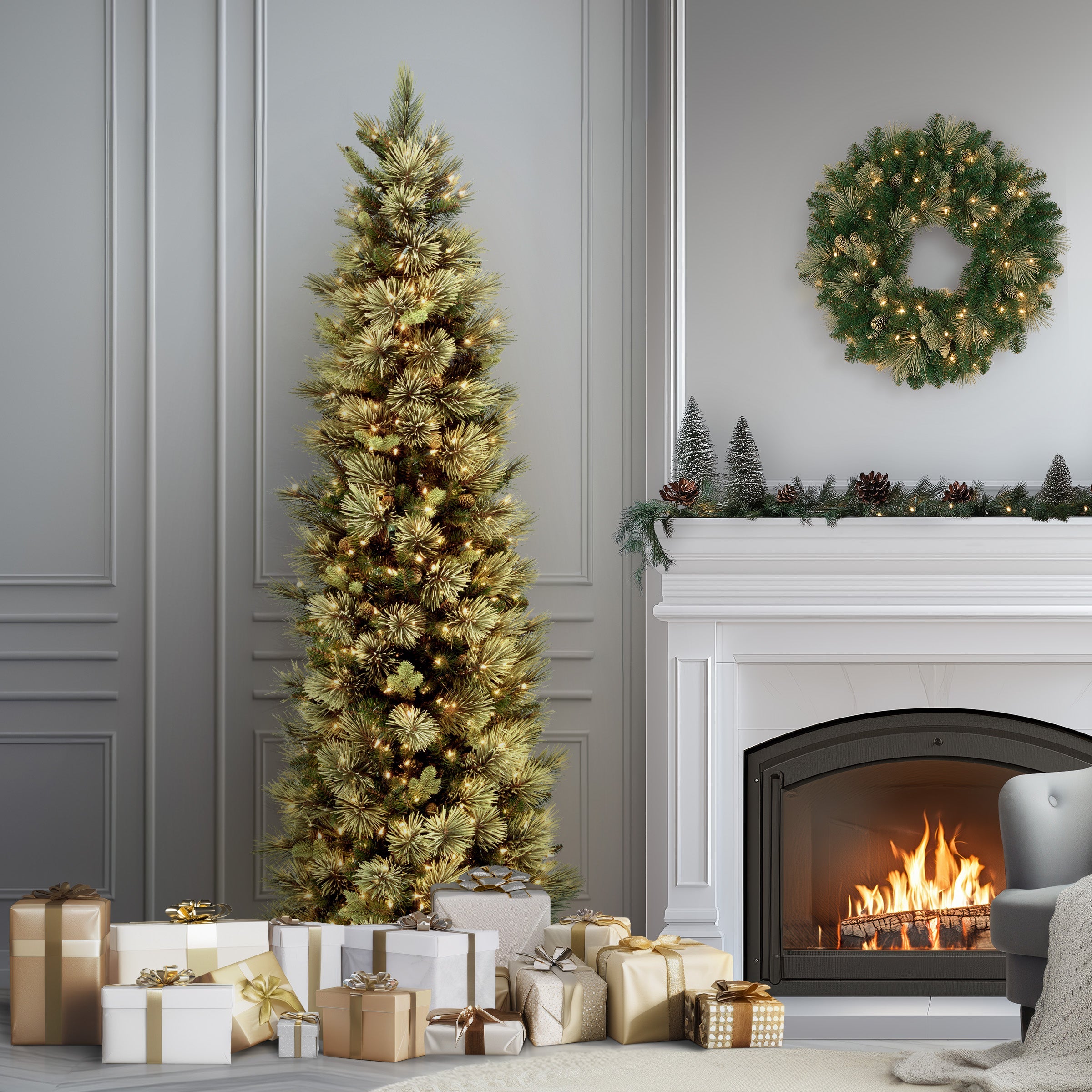 9 ft. Pre-Lit Carolina Pine Slim Tree with Clear Lights