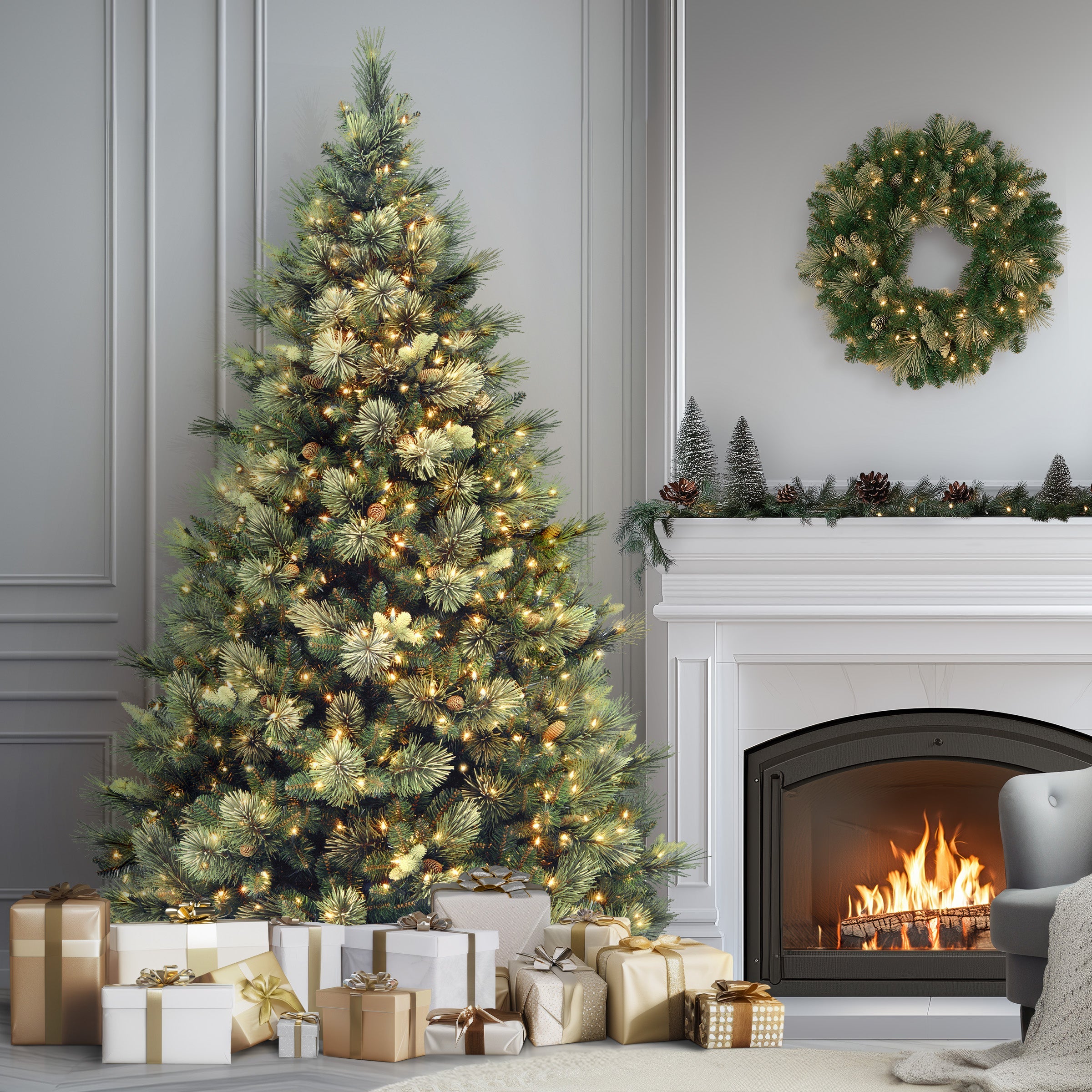 9ft. Pre-Lit Carolina Pine Tree with Clear Lights with 1200 Clear Lights