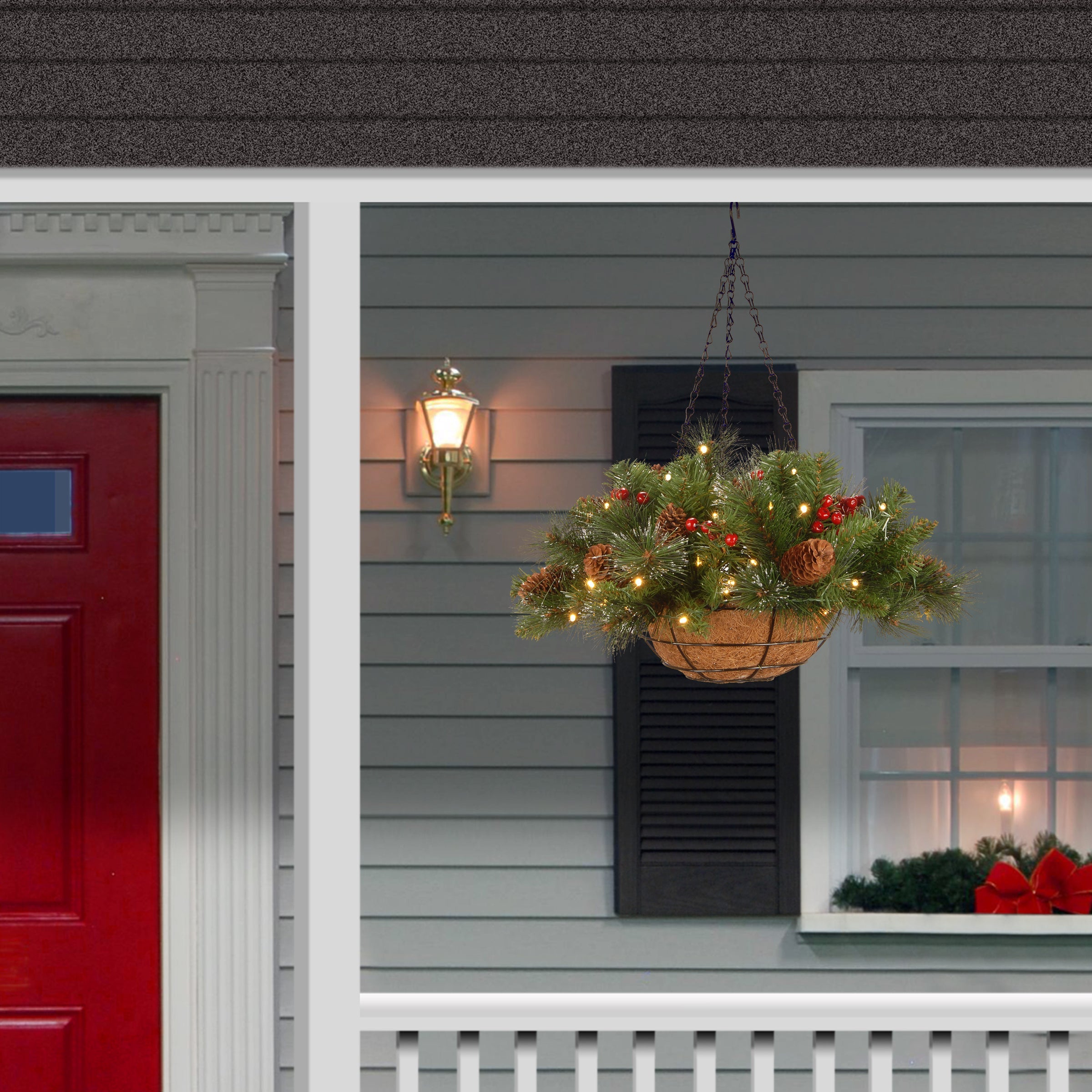 16 in. Pre-Lit Crestwood Spruce Hanging Basket with LED Lights