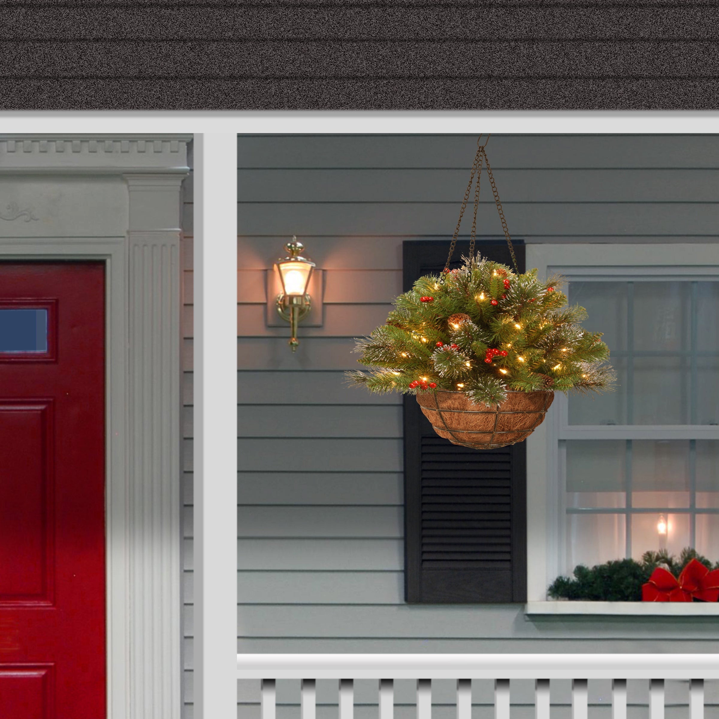 20 in. Pre-Lit Crestwood Spruce Hanging Basket with LED Lights