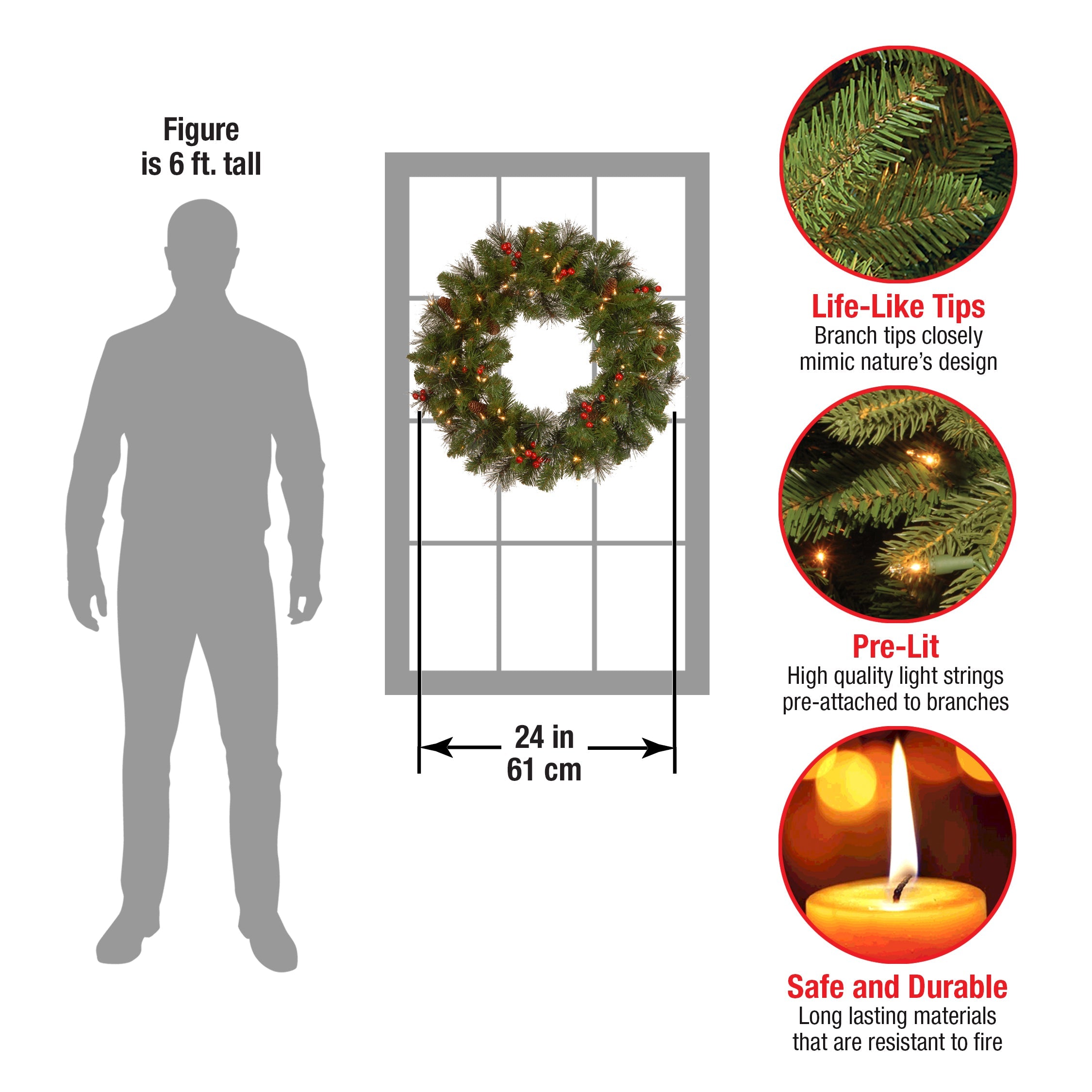 24 in. Pre-Lit Crestwood Spruce Wreath with Clear Lights - Plug In
