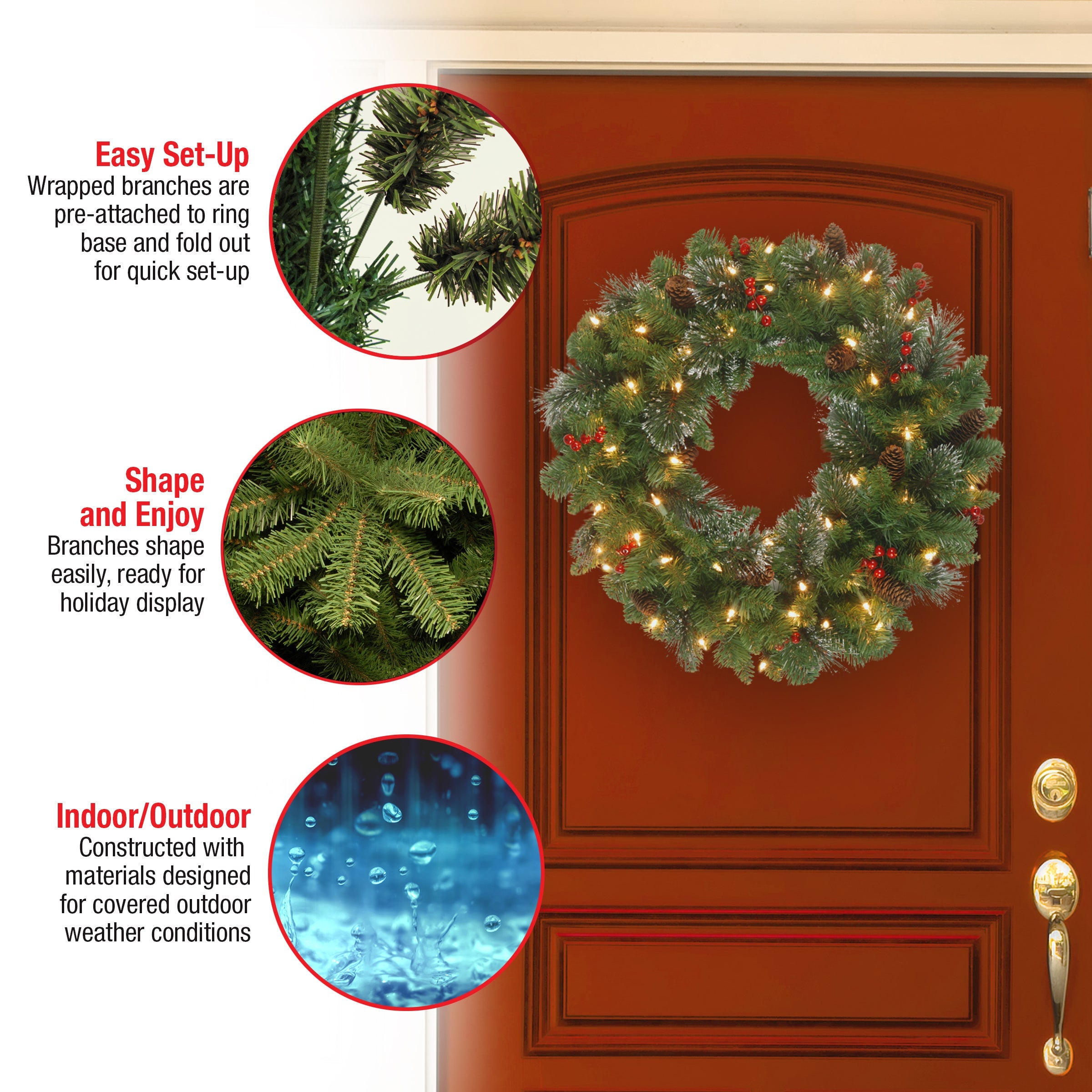 24 in. Pre-Lit Crestwood Spruce Wreath with Clear Lights - Plug In
