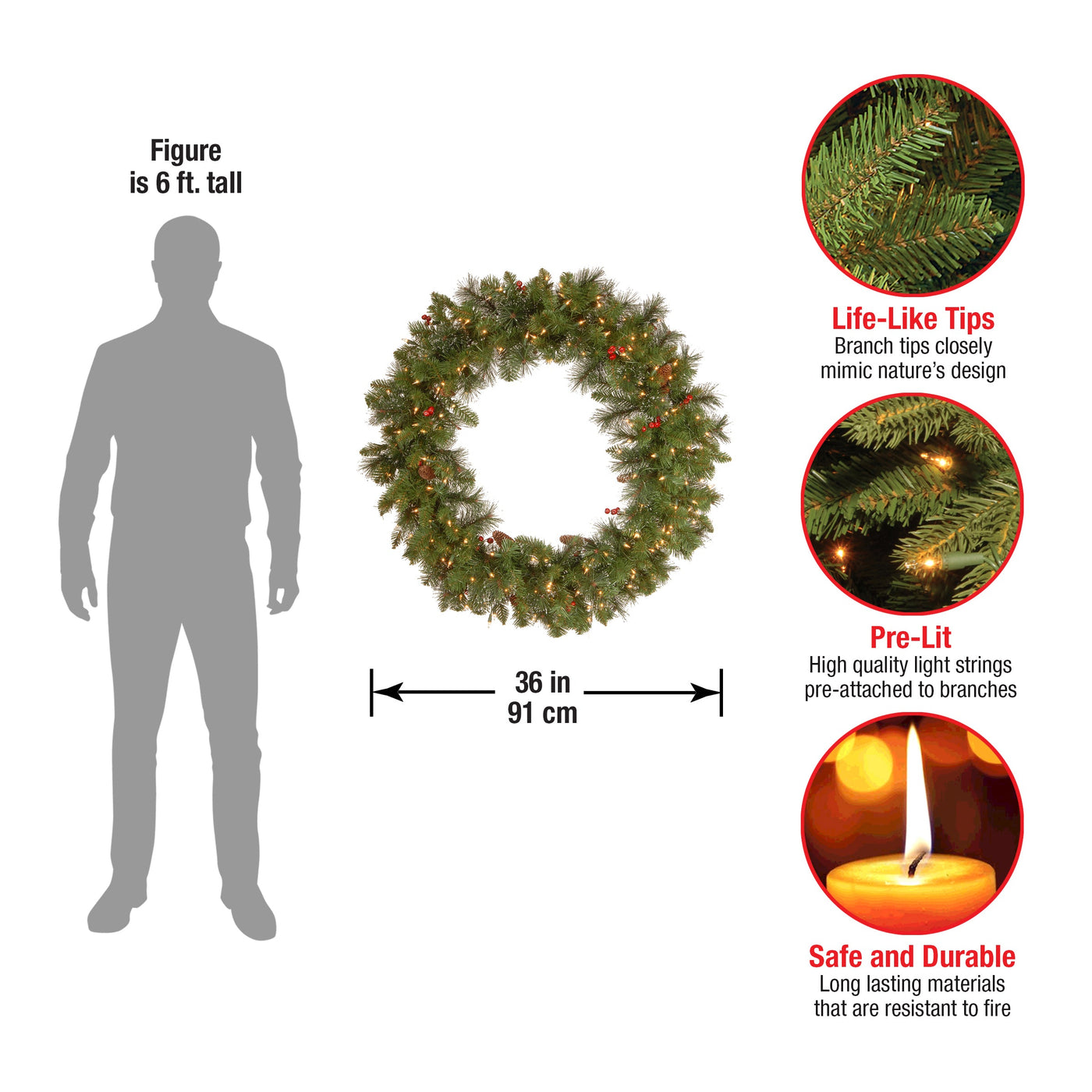 36 in. Pre-Lit Crestwood Spruce Wreath with Clear Lights