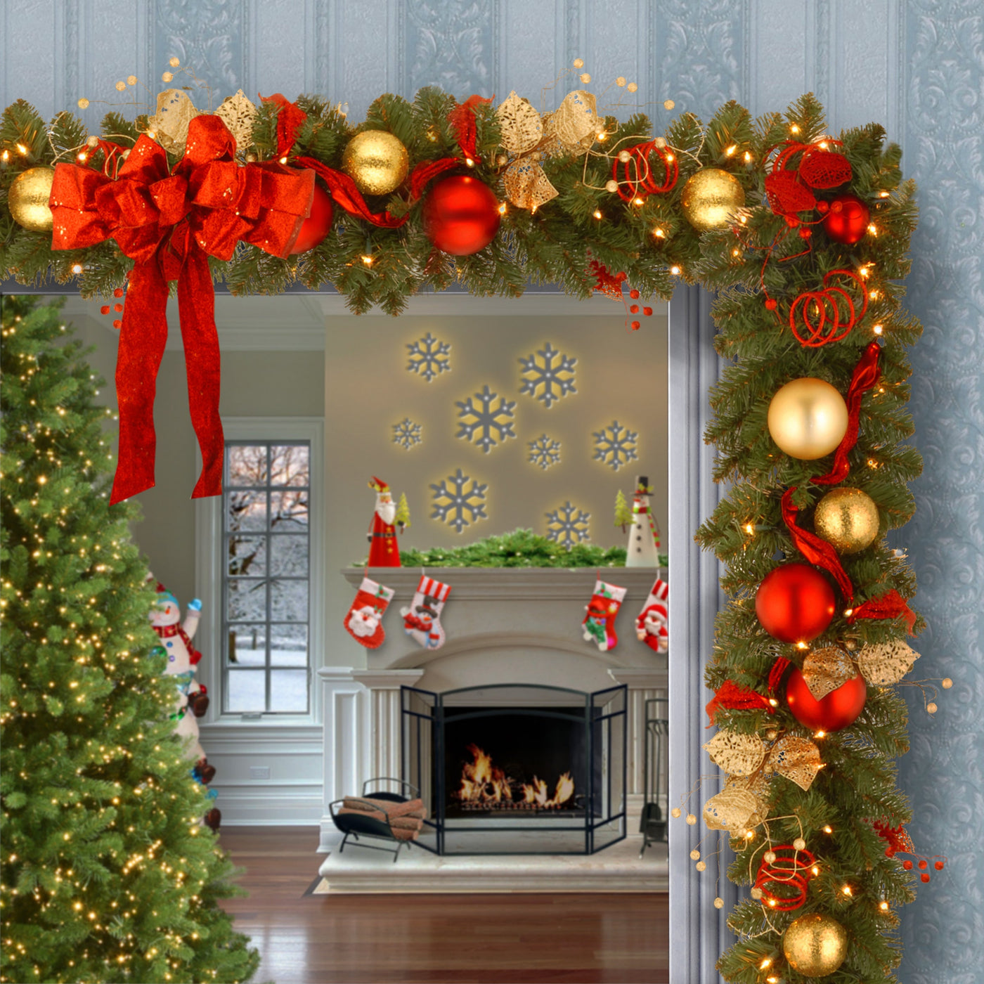 9 ft. Pre-Lit Decorative Collection Cozy Christmas Garland with Red and Clear Lights