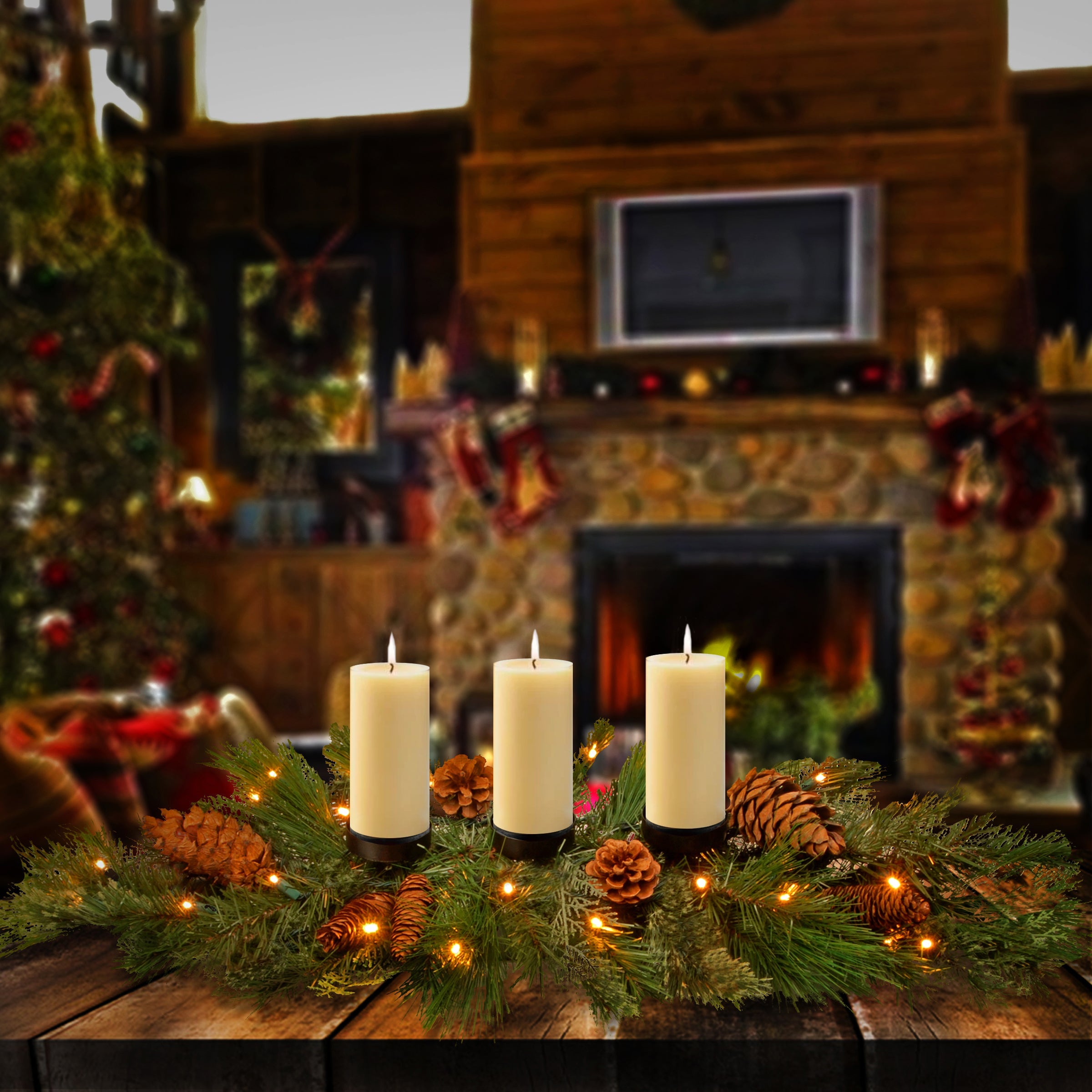 30 in. Pre-Lit White Pine Candle Holder Centerpiece with Warm White LED Lights