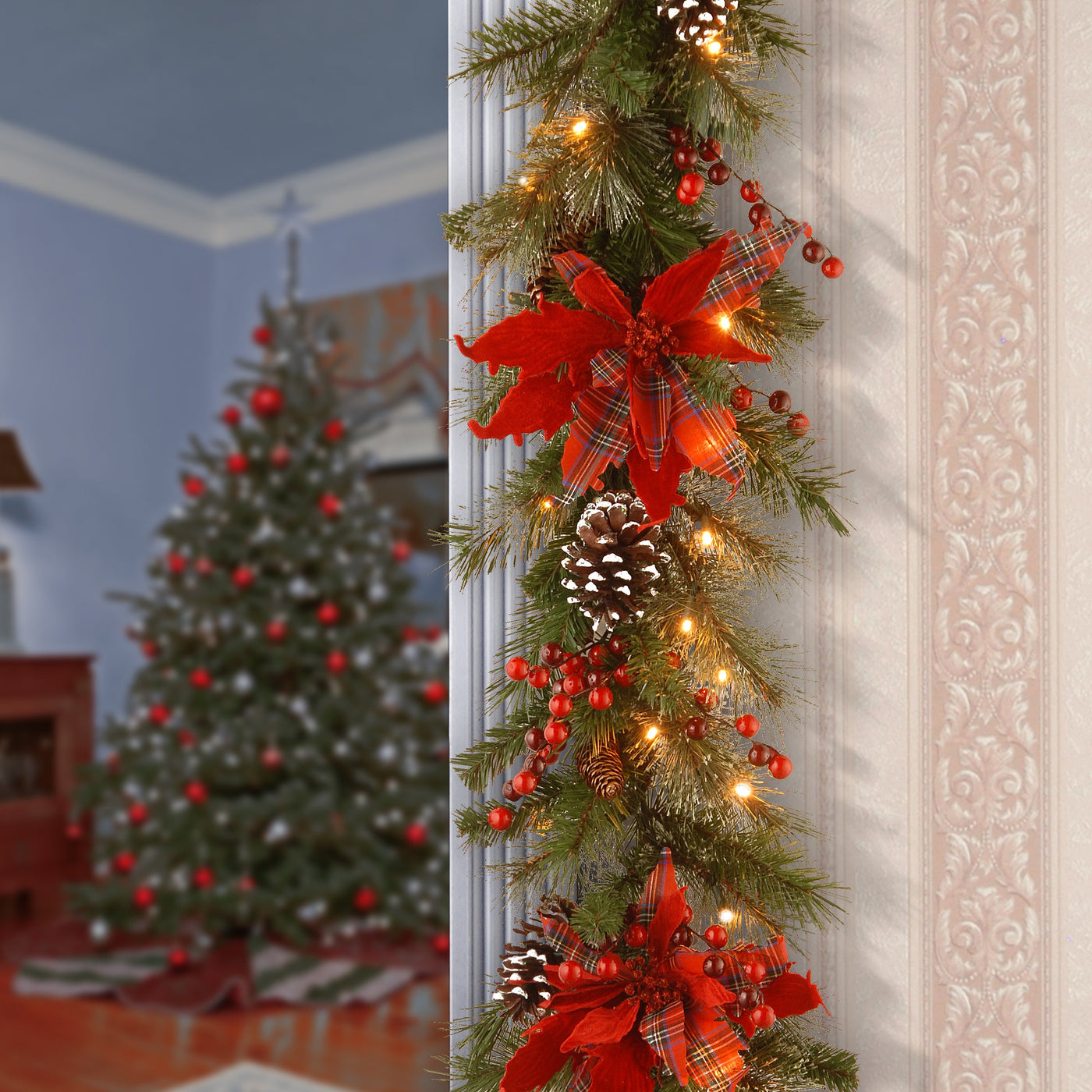 9 ft. Pre-Lit Tartan Plaid Garland with Warm White LED Lights