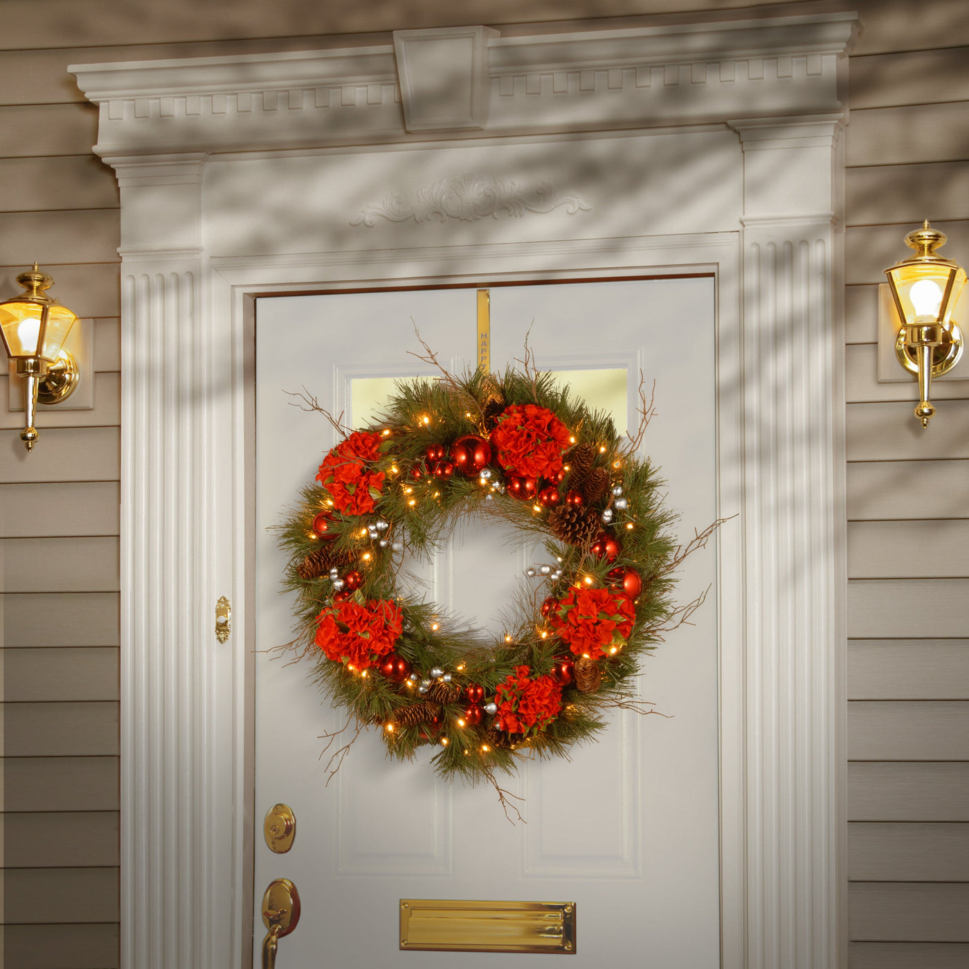 24 in. Pre-Lit Hydrangea Pine Wreath with Warm White LED Lights
