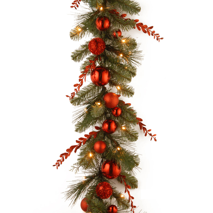 9 ft. Pre-Lit Red Mixed Garland with Warm White LED