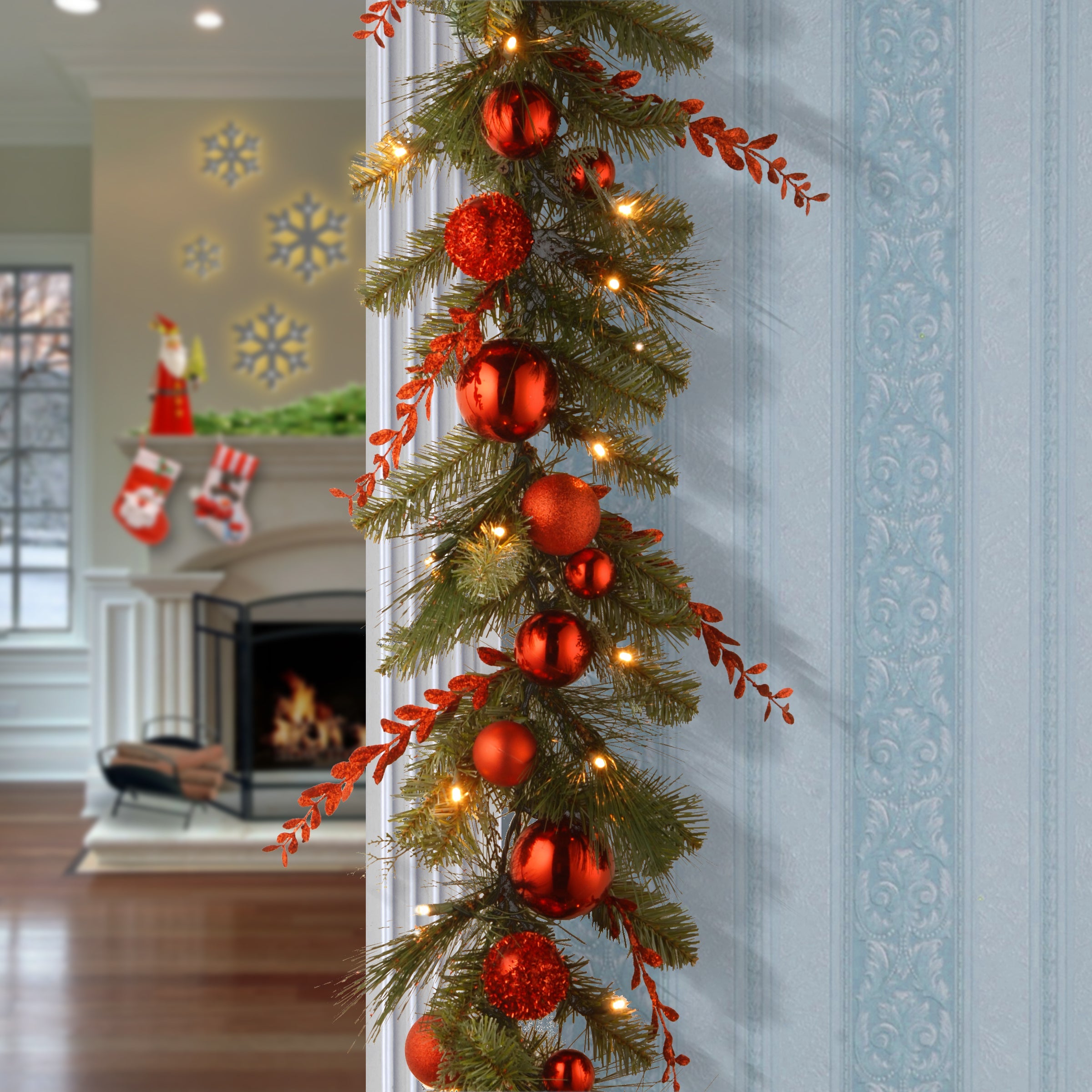 9 ft. Pre-Lit Red Mixed Garland with Warm White LED