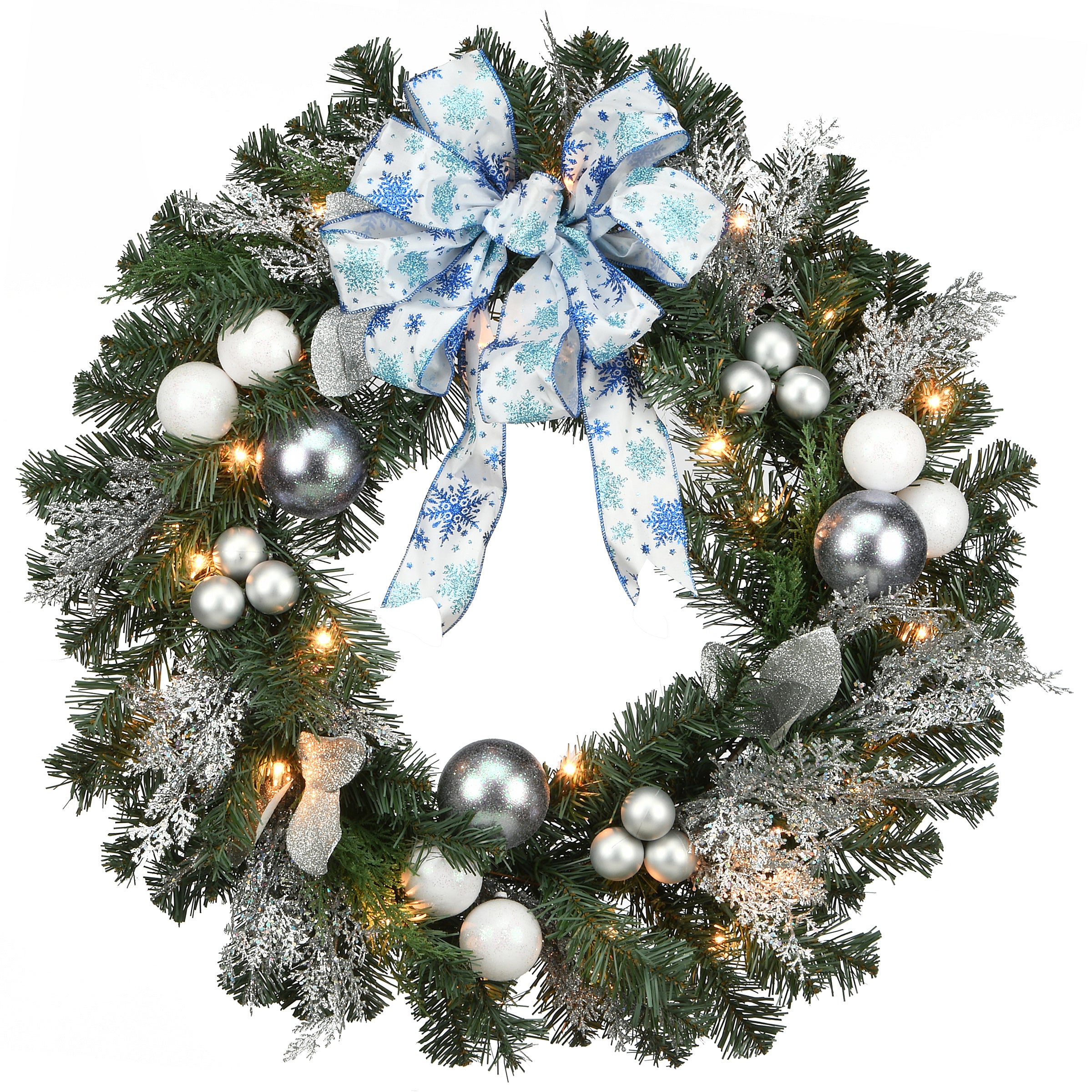 32 in. Pre-Lit Decorative Collection Ornament Wreath with Clear Lights