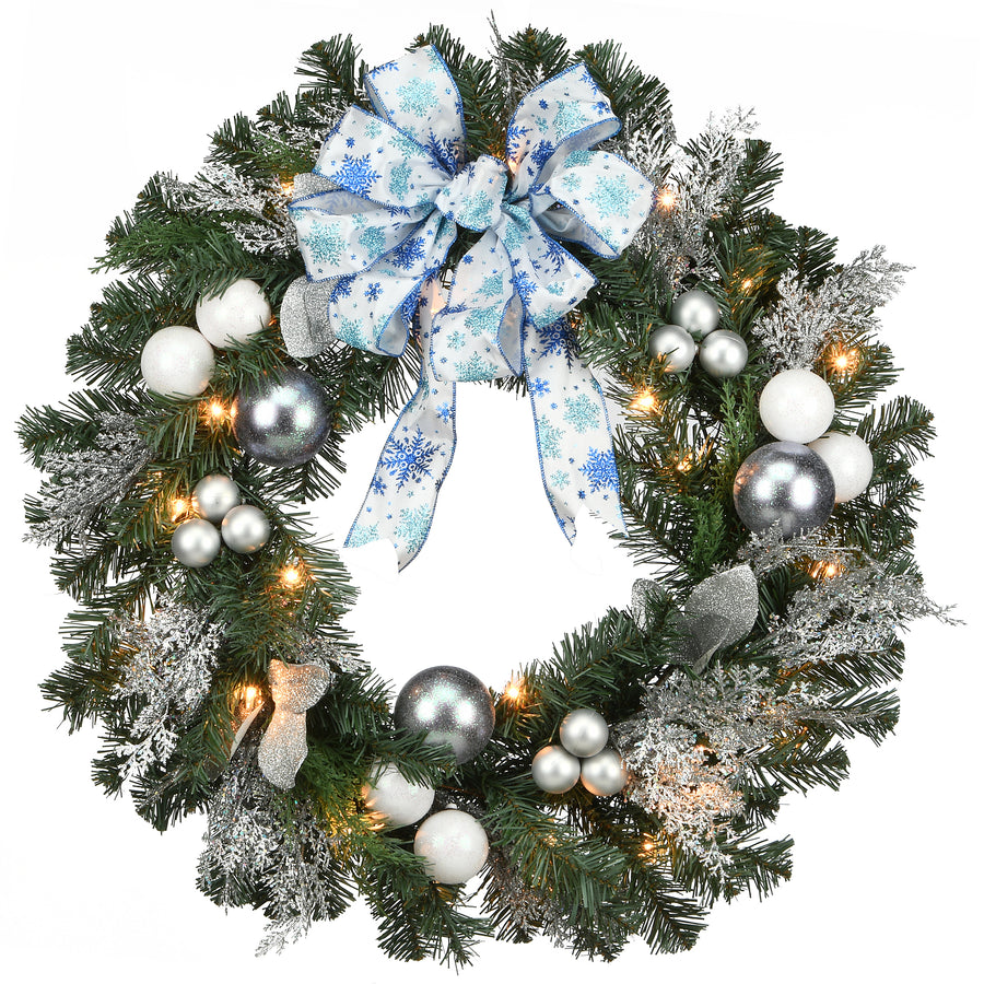 32 in. Pre-Lit Decorative Collection Ornament Wreath with Clear Lights