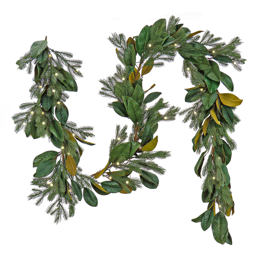 9 ft. Pre-Lit Magnolia Mix Pine Garland with White LED Lights