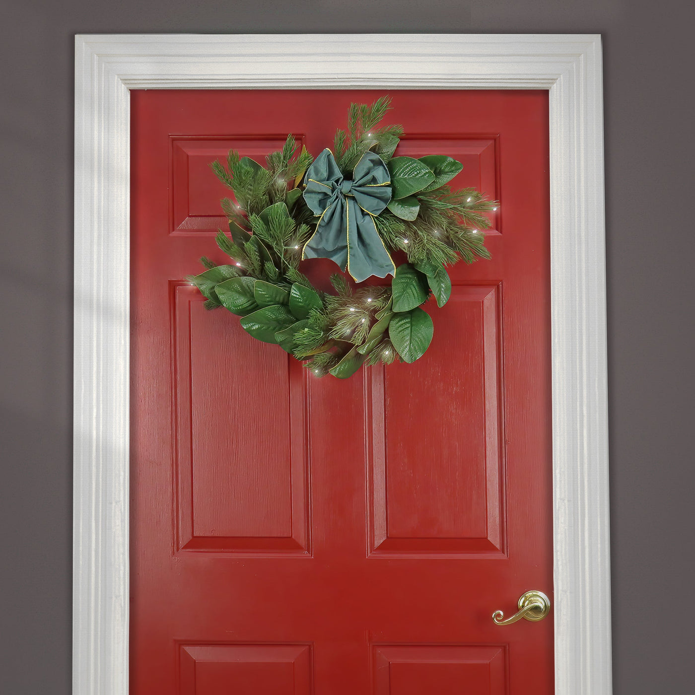 24 in. Pre-Lit Magnolia Mix Pine Wreath with Warm White LED Lights