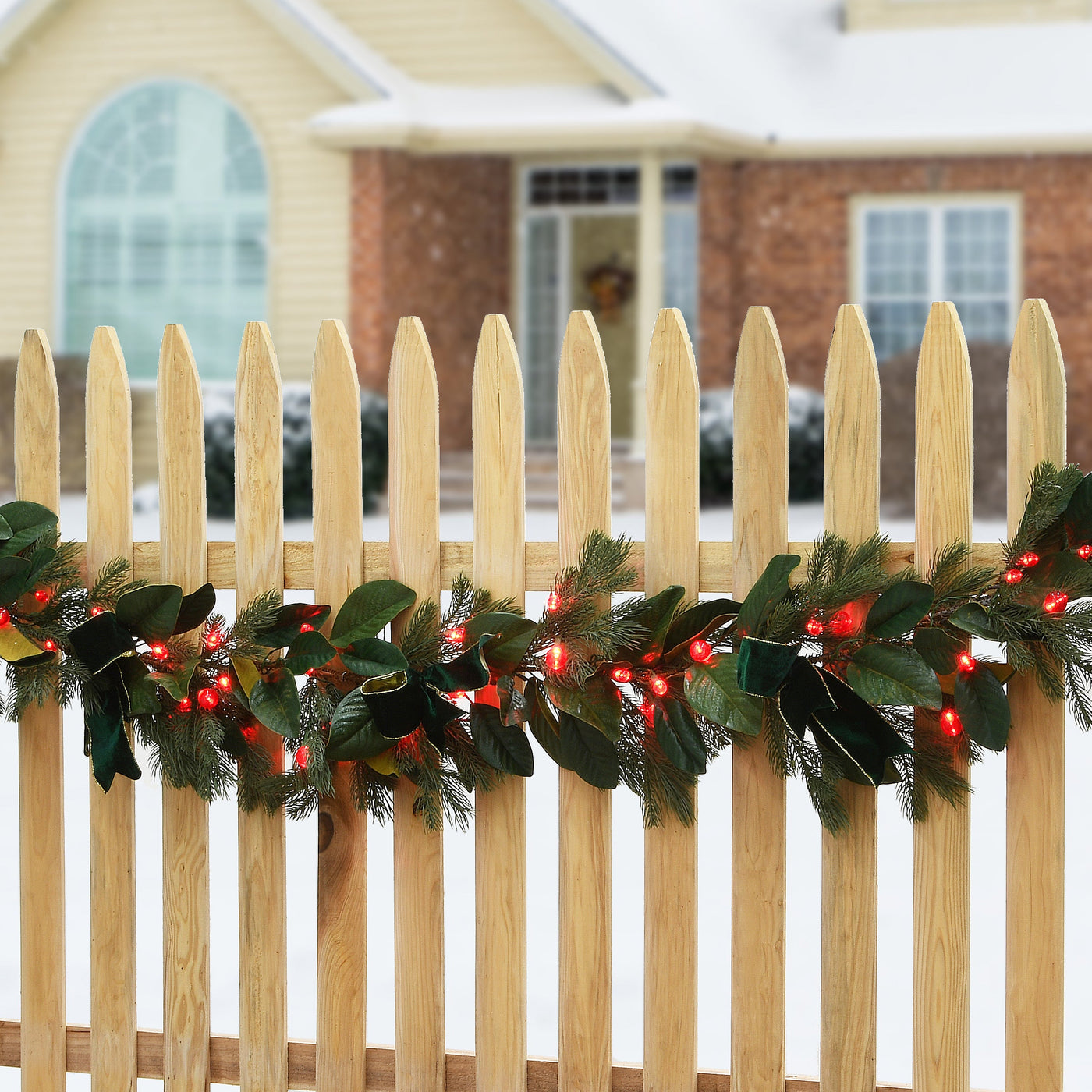 9 ft. Pre-Lit Magnolia Mix Pine Garland with Red LED Lights