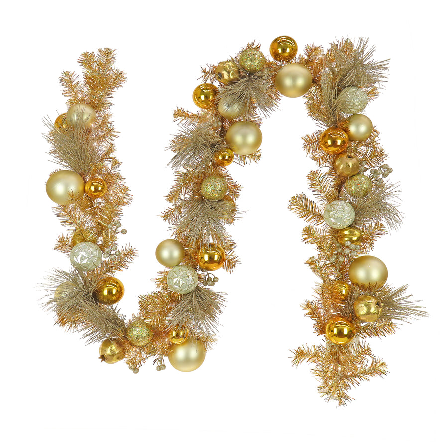 9 ft. Pre-Lit Christmas Be Merry Trimmed Gold Garland with Warm White LED Lights