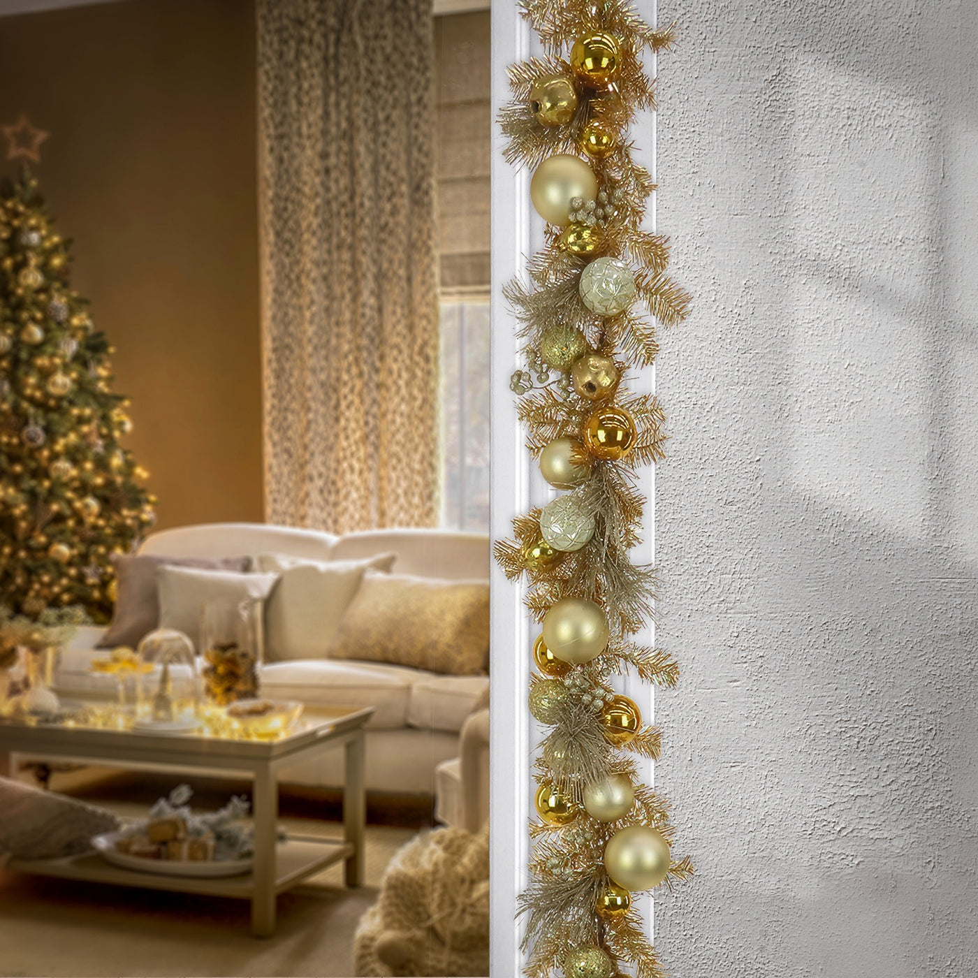 9 ft. Pre-Lit Christmas Be Merry Trimmed Gold Garland with Warm White LED Lights