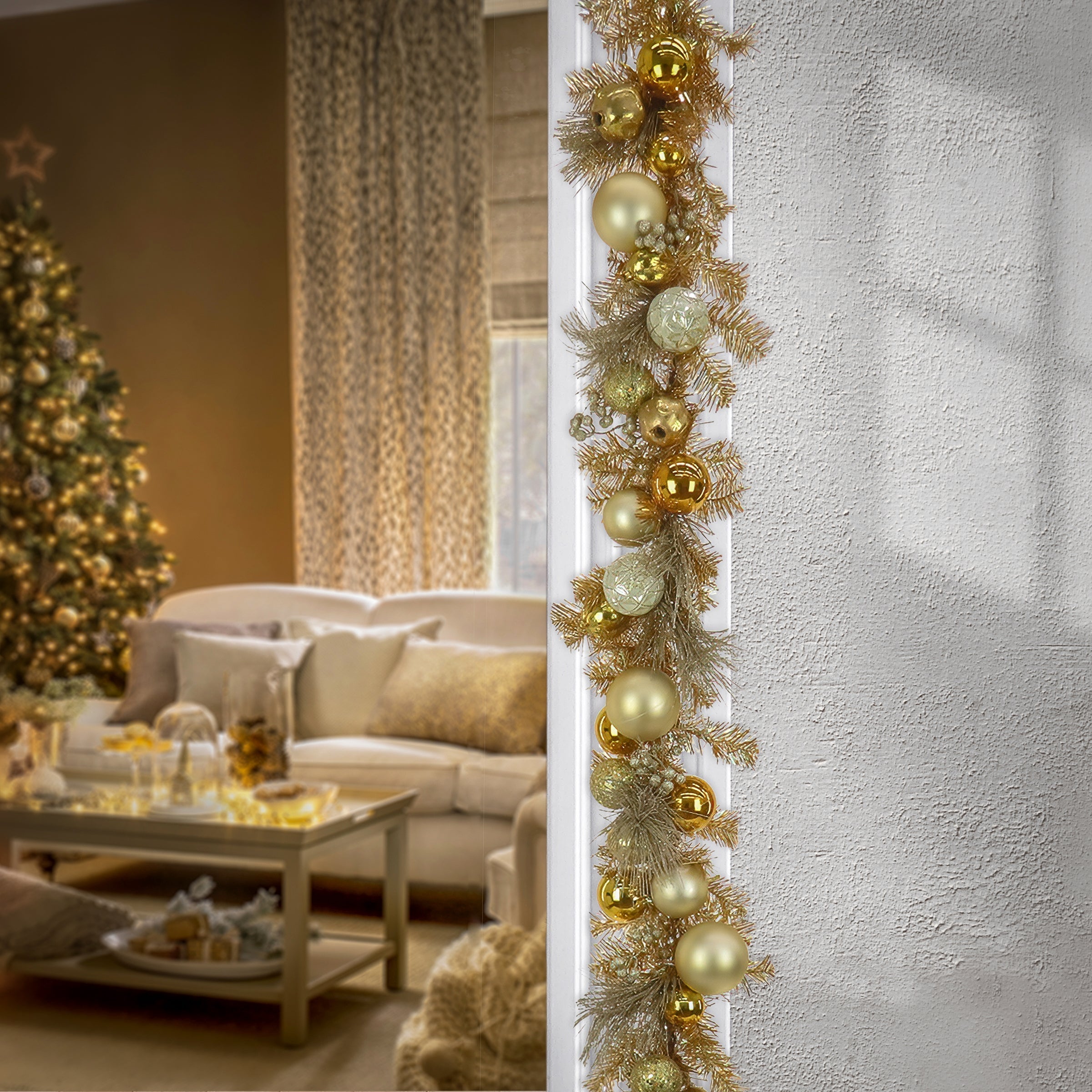 9 ft. Pre-Lit Christmas Be Merry Trimmed Gold Garland with Warm White LED Lights