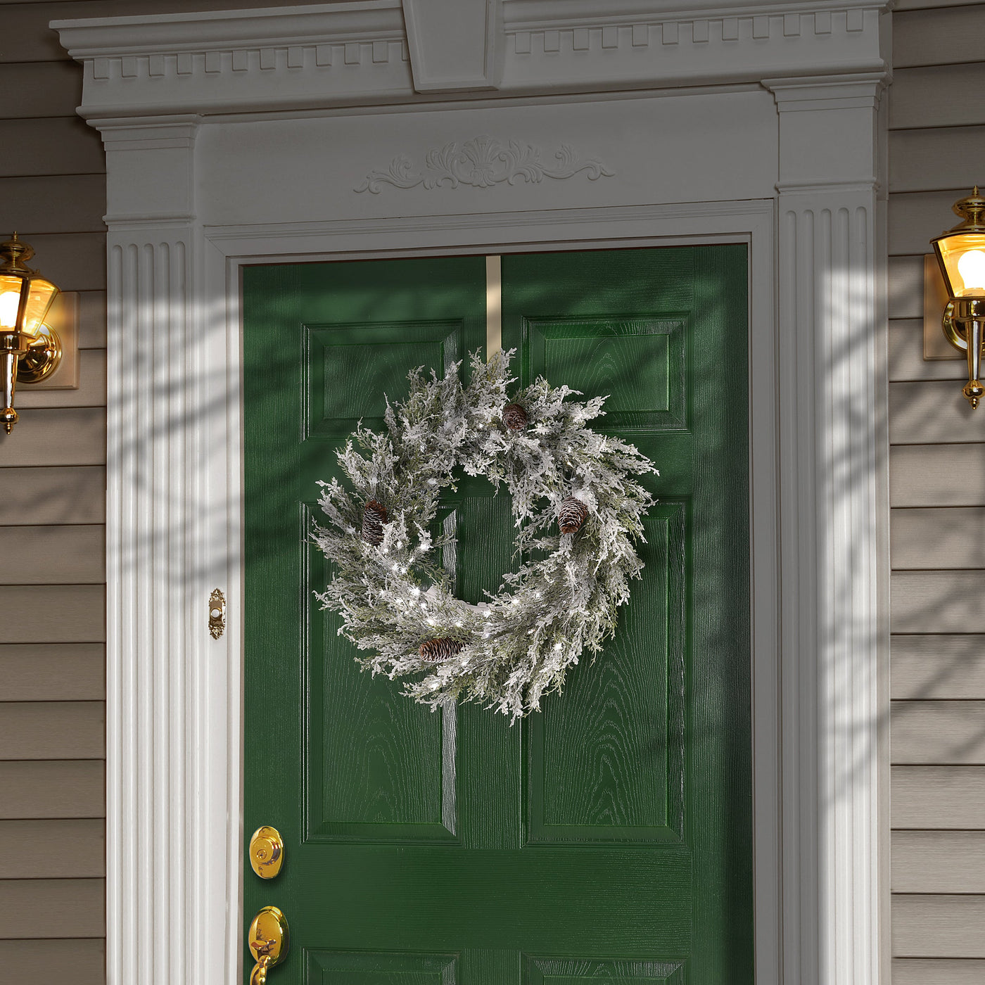 24 in. Pre-Lit Christmas Core Snowy Wreath with Pinecones