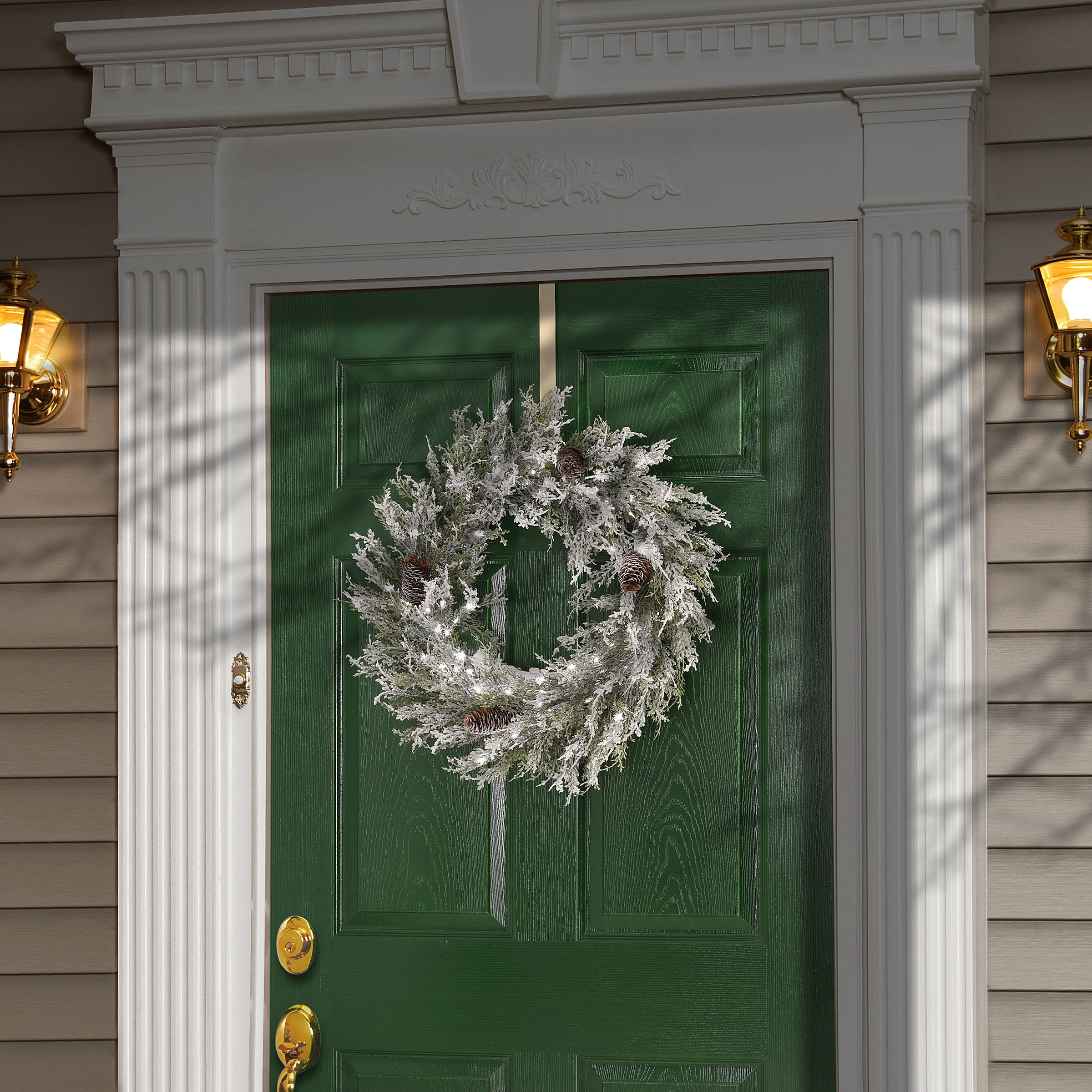 24 in. Pre-Lit Christmas Core Snowy Wreath with Pinecones