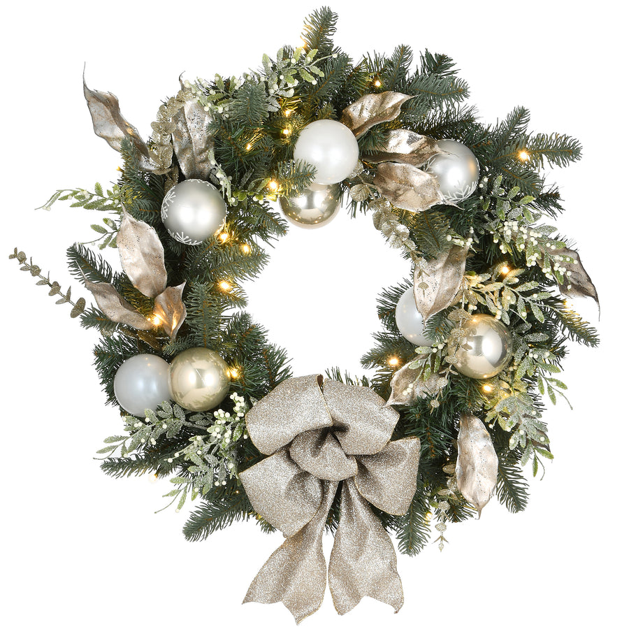 24 in. Pre-Lit Yuletide Glam Decorated Wreath with Bow