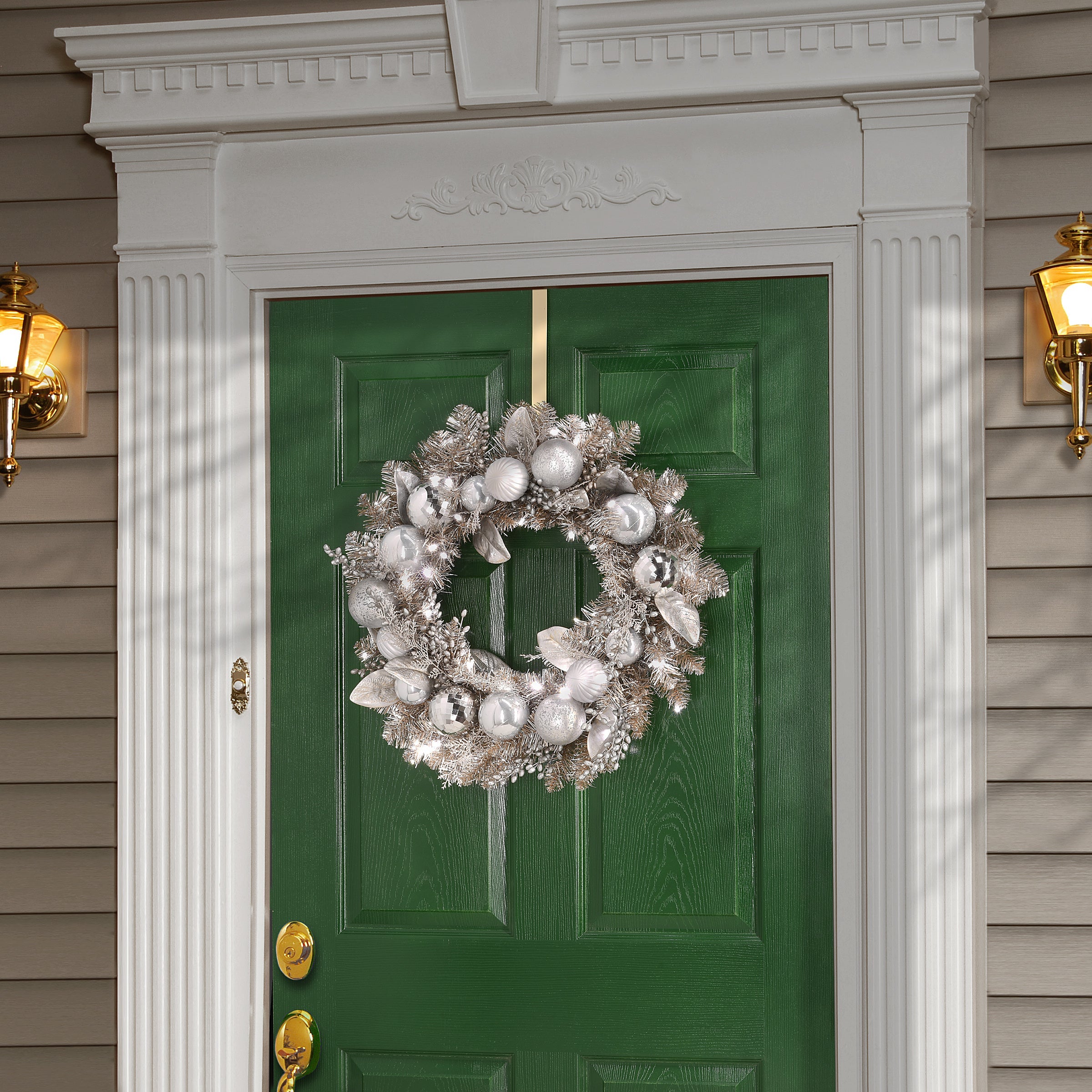 24 in. Pre-Lit Yuletide Glam Silver Decorated Wreath