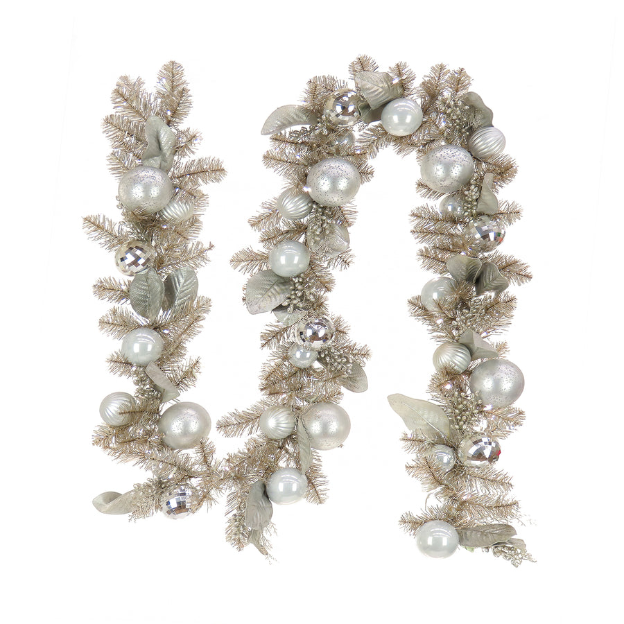 9 ft. Pre-Lit Yuletide Glam Silver Garland with Pure White LED Lights