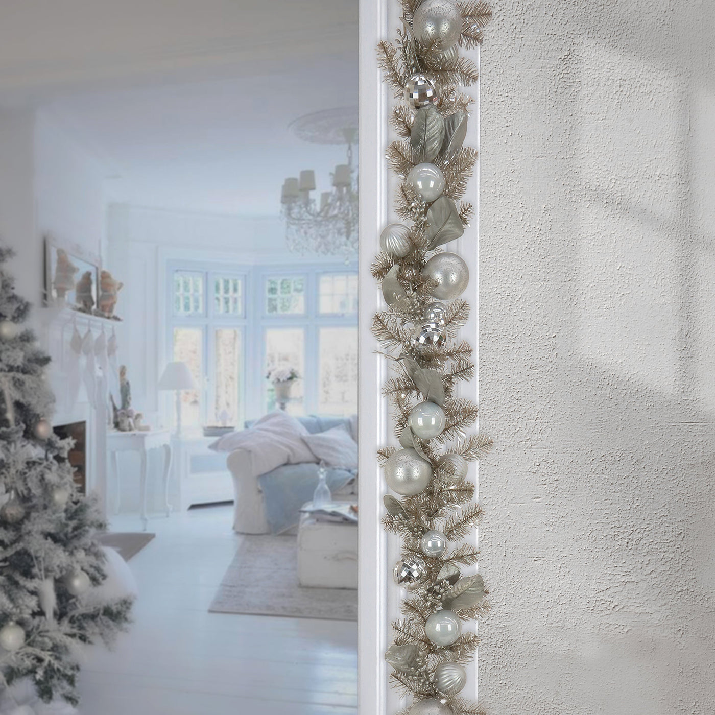 9 ft. Pre-Lit Yuletide Glam Silver Garland with Pure White LED Lights