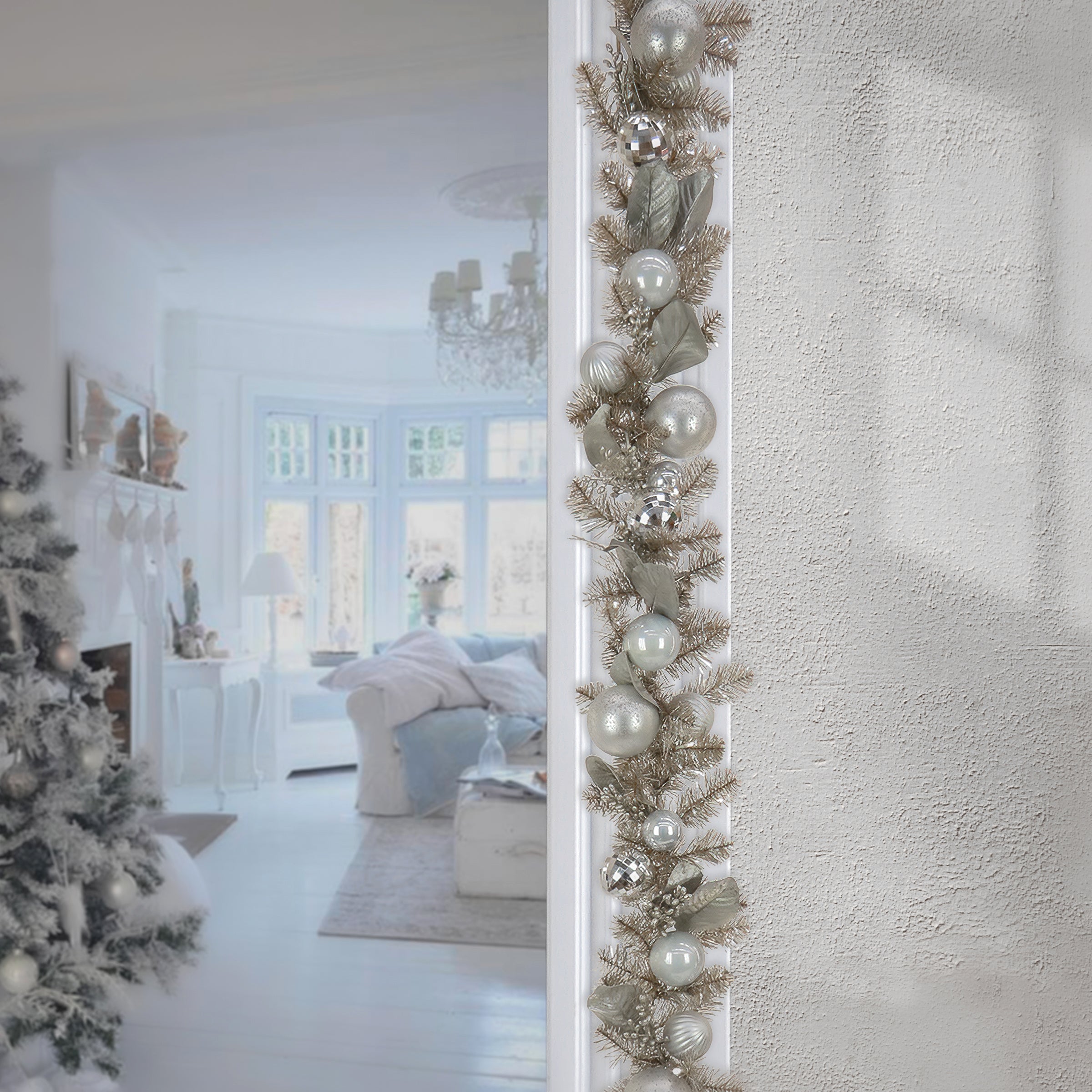 9 ft. Pre-Lit Yuletide Glam Silver Garland with Pure White LED Lights