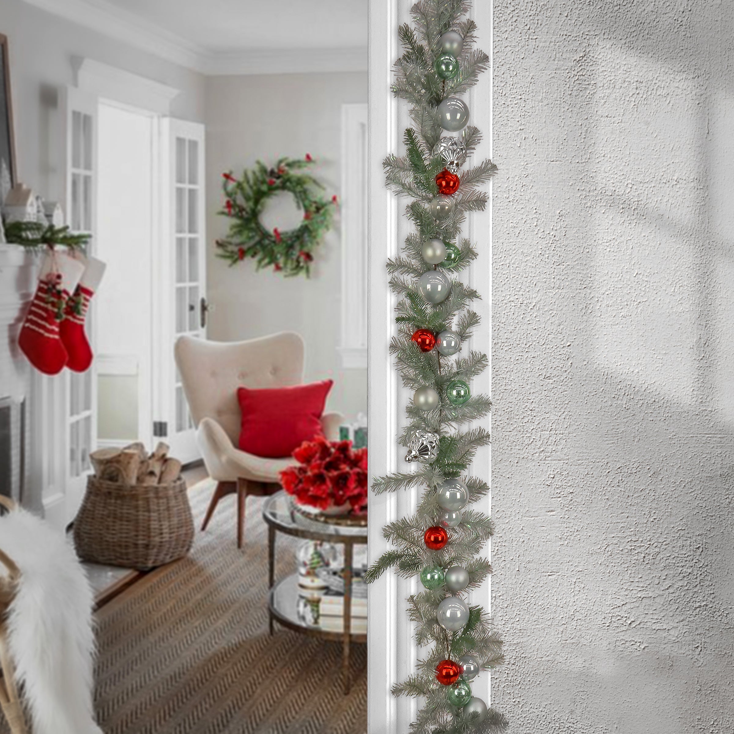 9 ft. Pre-Lit Christmas Be Merry Trimmed Silver Garland with Pure White LED Lights