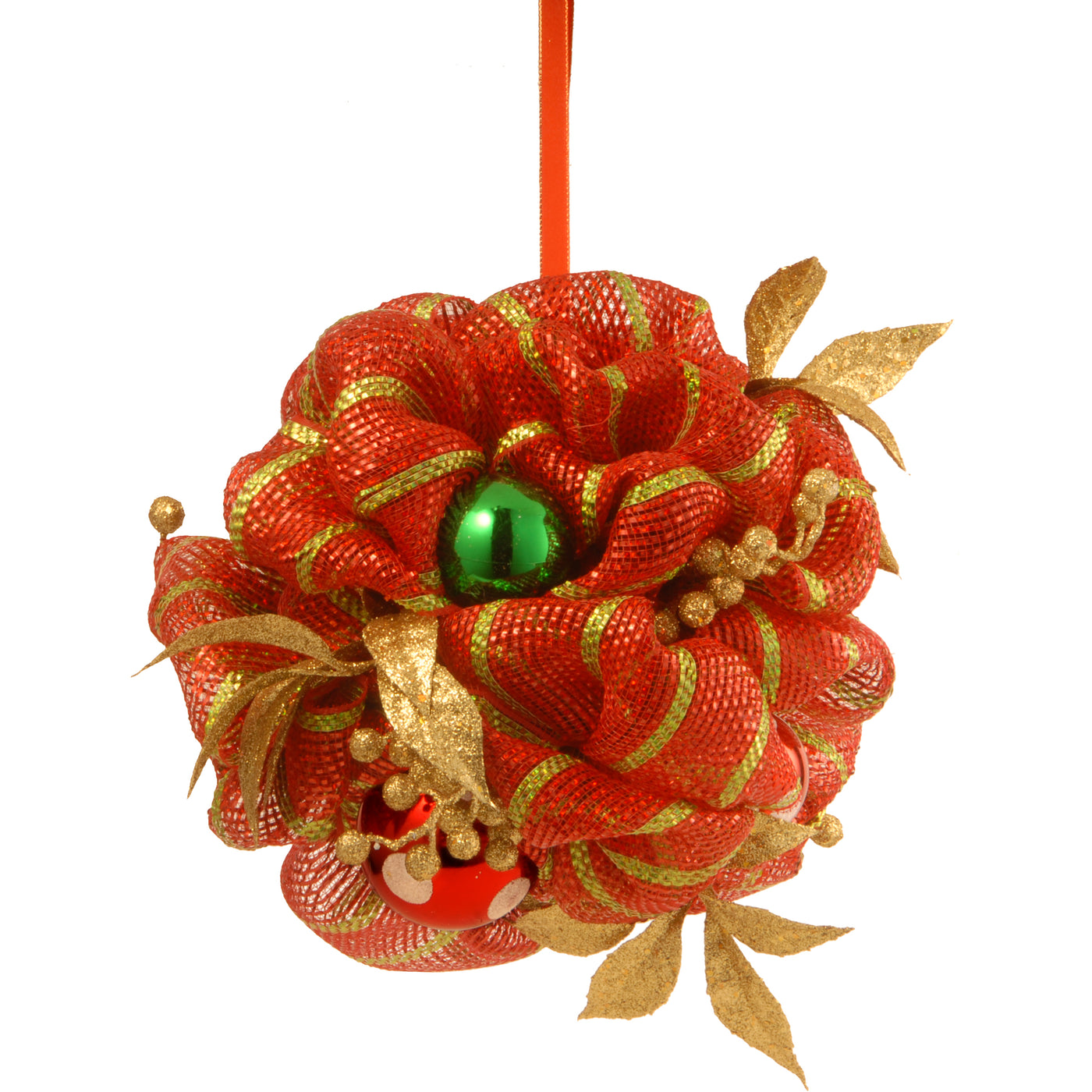 National Tree Company Pre-Lit Artificial Christmas Kissing Ball, Red, Ribbon, Decorated with Ball Ornaments, Leaves, Berry Clusters, Christmas Collection, 12 Inches