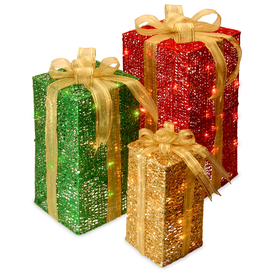 Pre-Lit Multicolor Gift Boxes, Set of Three, White Lights, Christmas Collection
